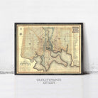 The image is a framed vintage map of a city, likely from the United States, with detailed cartography and labels.