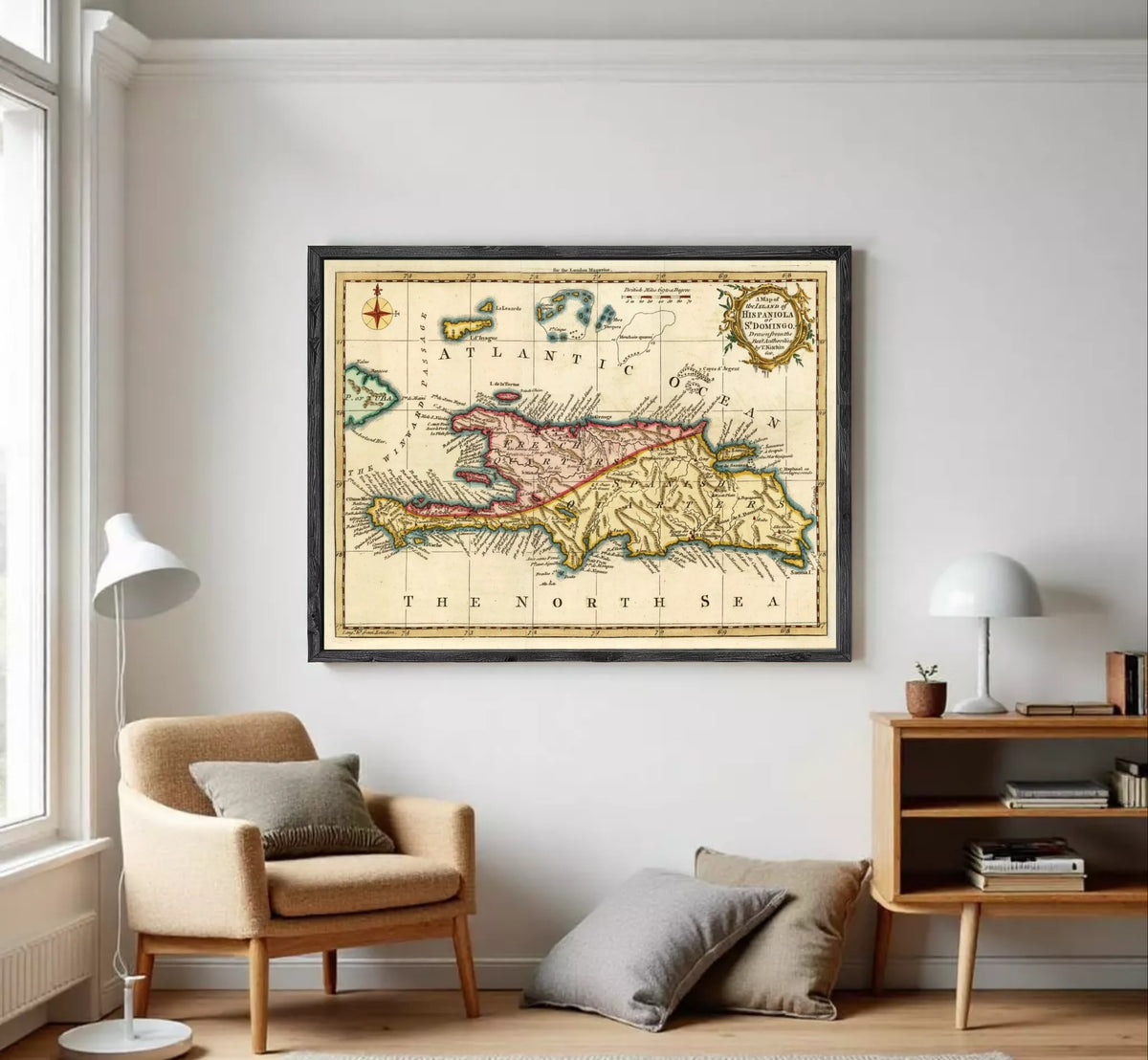 The image is a framed vintage map of the Caribbean Sea, including the island of Cuba, with a focus on the North Sea.