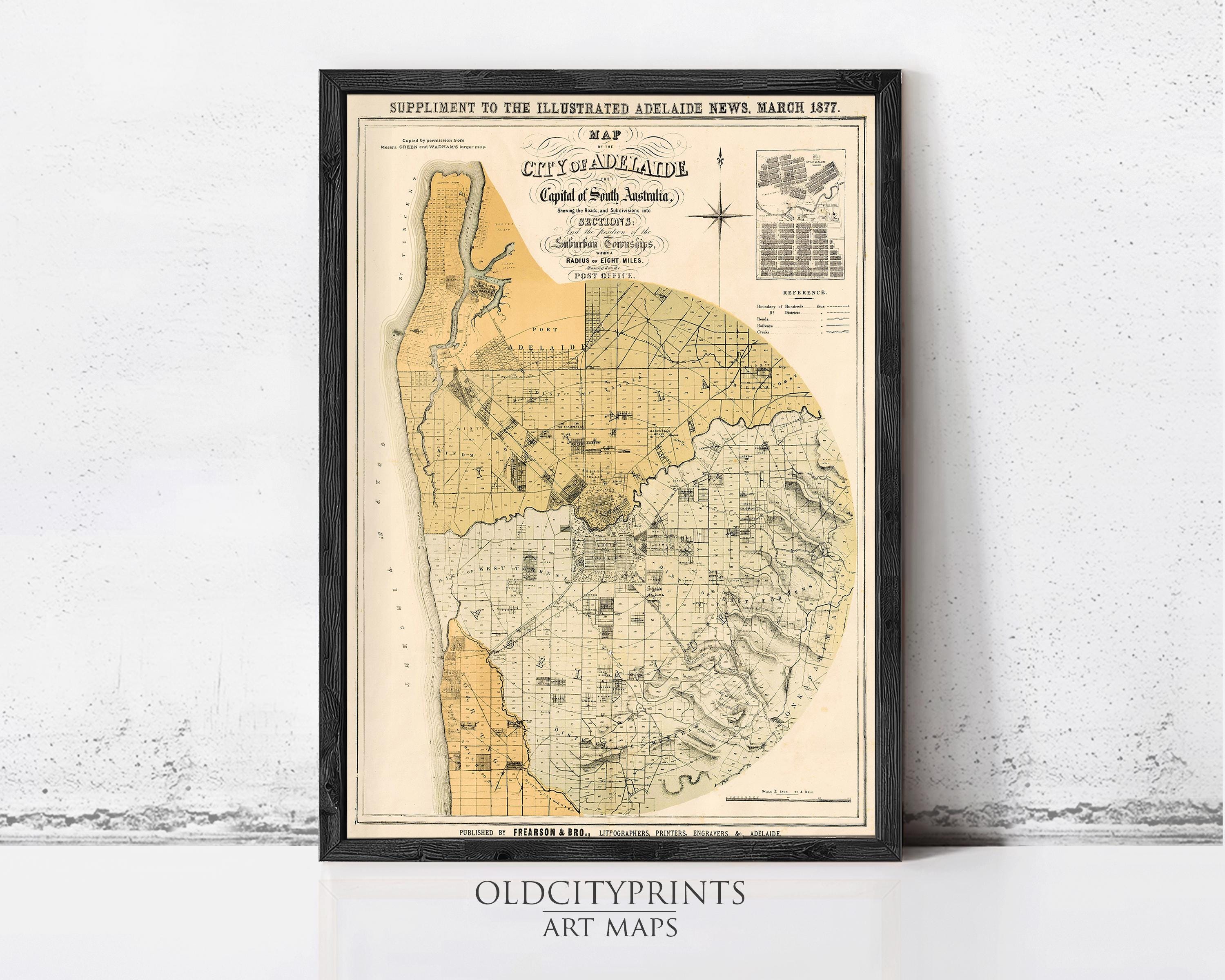 The image is a framed vintage map of the City of Adelaide, South Australia, dated March 1887.