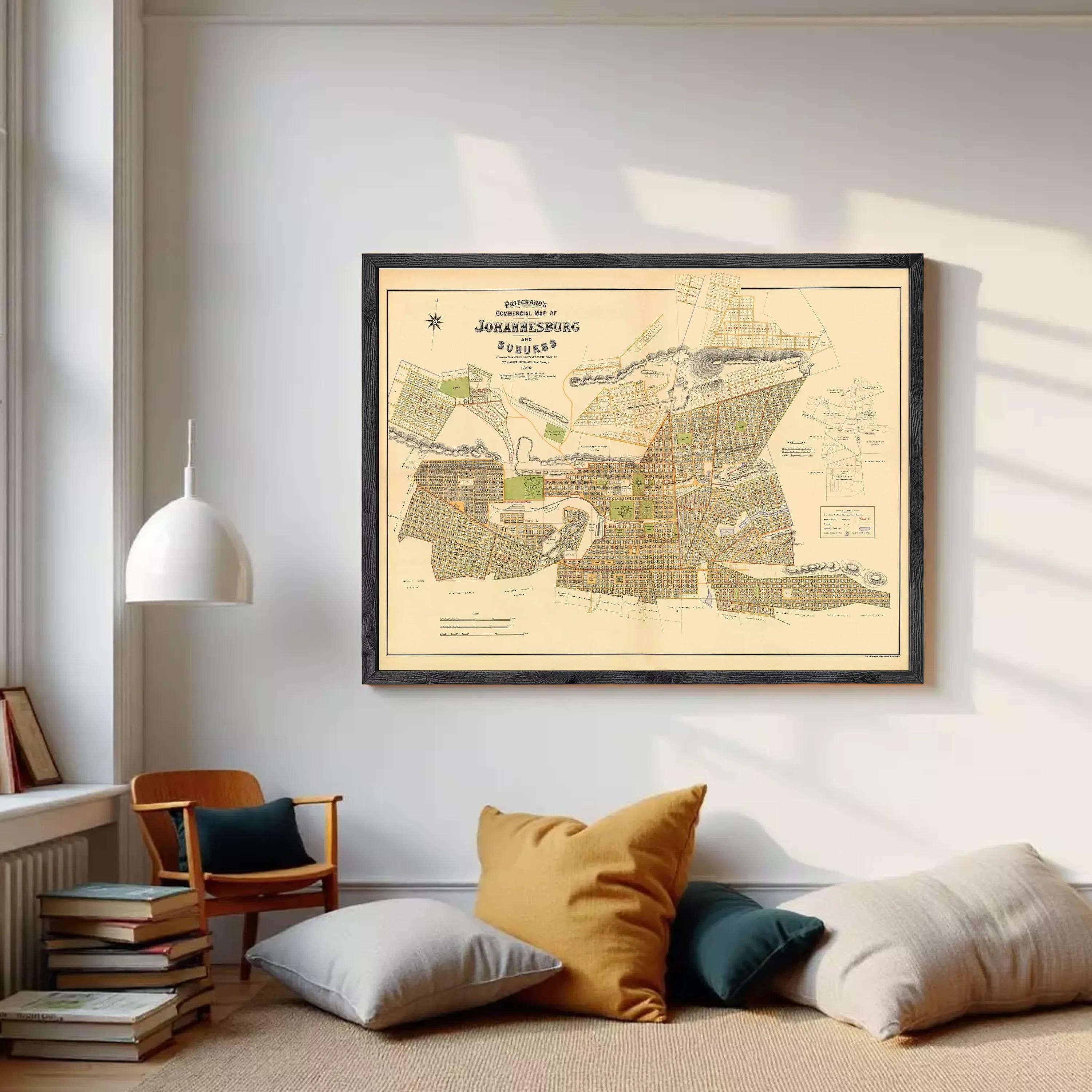 The image is a framed map of Johannesburg, South Africa, depicting the city's layout and surrounding areas.