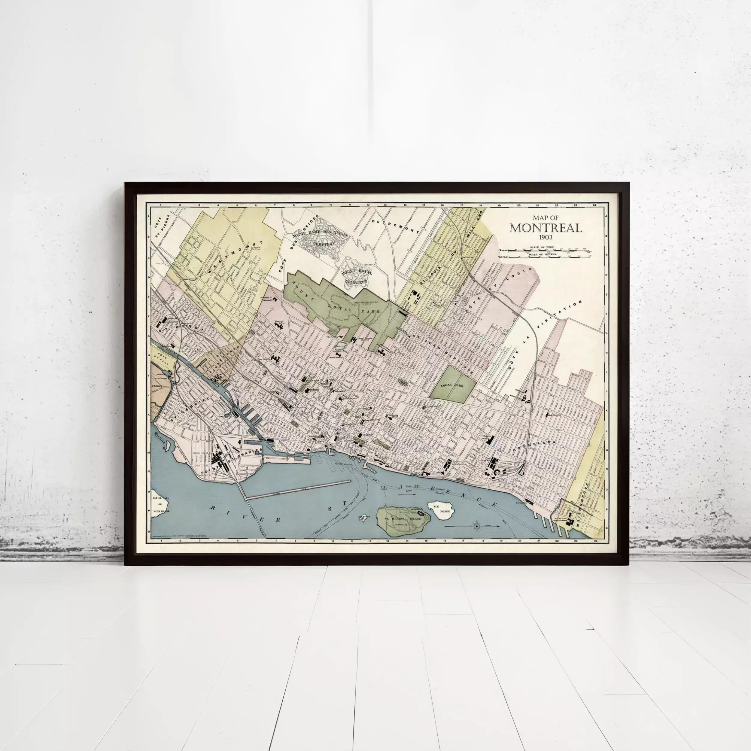 The image is a framed vintage map of Montreal, Canada, depicting the city's streets, neighborhoods, and surrounding areas.