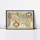 The image is a framed vintage map of a region, likely from the 16th century, with intricate details and decorative elements.