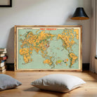 The image is a framed vintage map of the world, depicting various countries and regions in a colorful and detailed manner.