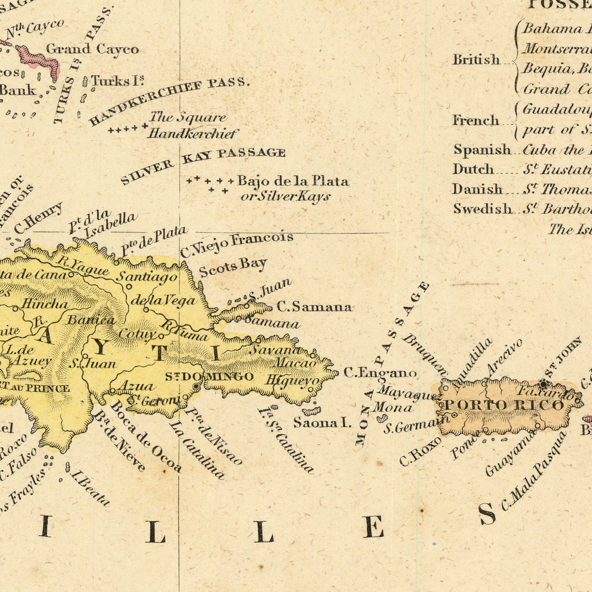 The image is a vintage map of the Caribbean region, showing the various islands, coastlines, and bodies of water.