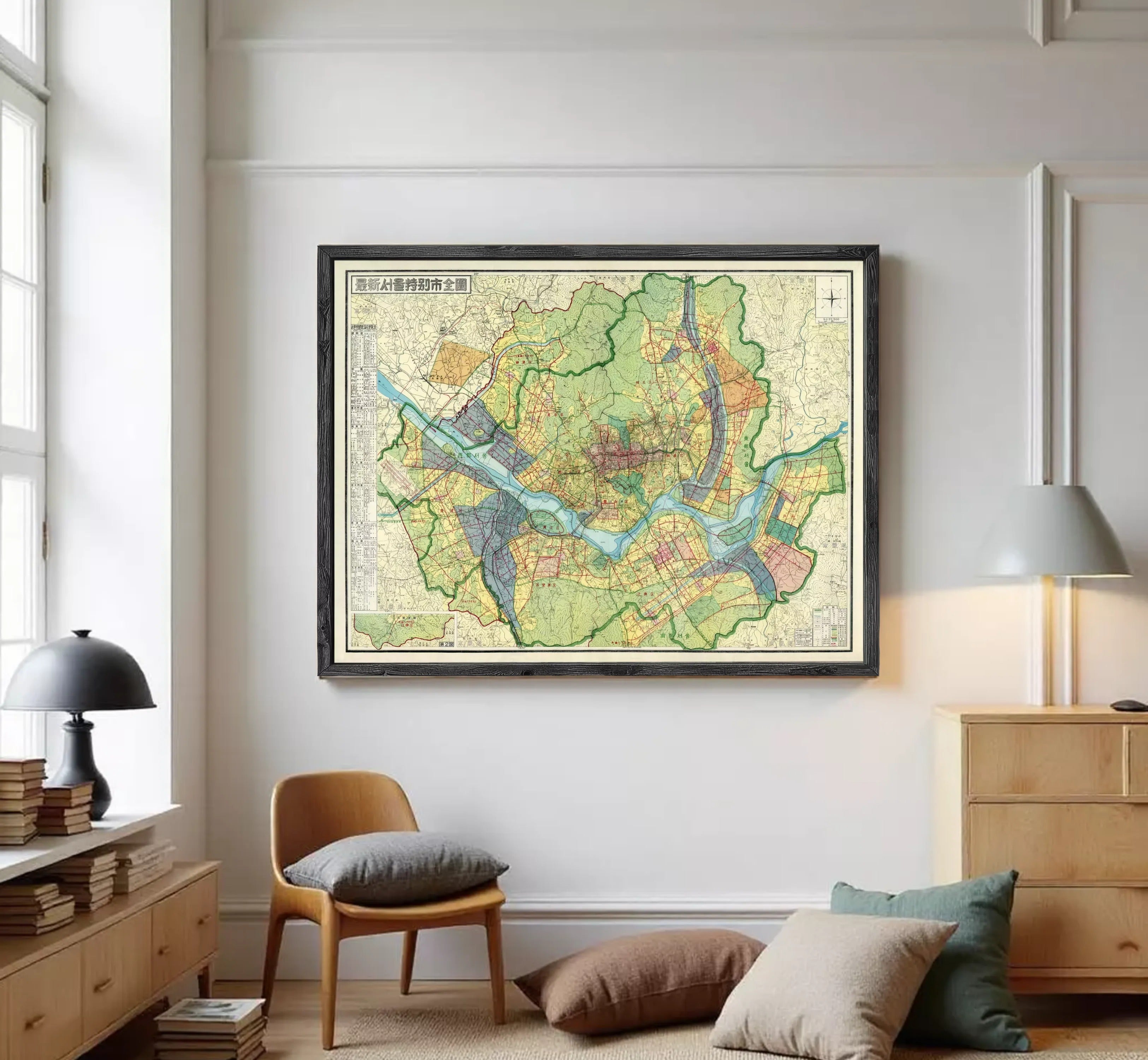 The image is a framed map of a city, showing various streets, landmarks, and geographical features.