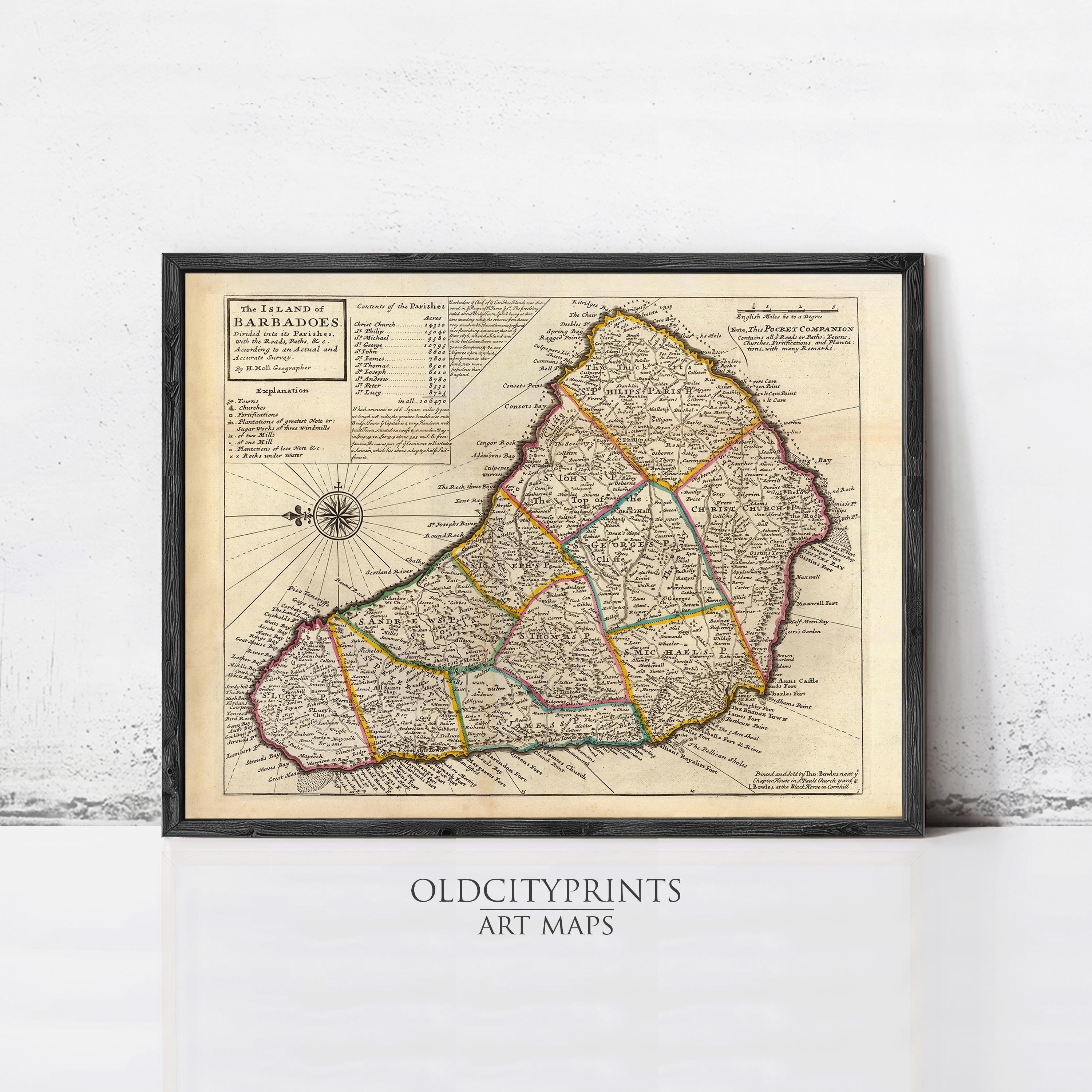 The image is a framed vintage map of the island of Barbados, showing the various geographical features and locations of the island.