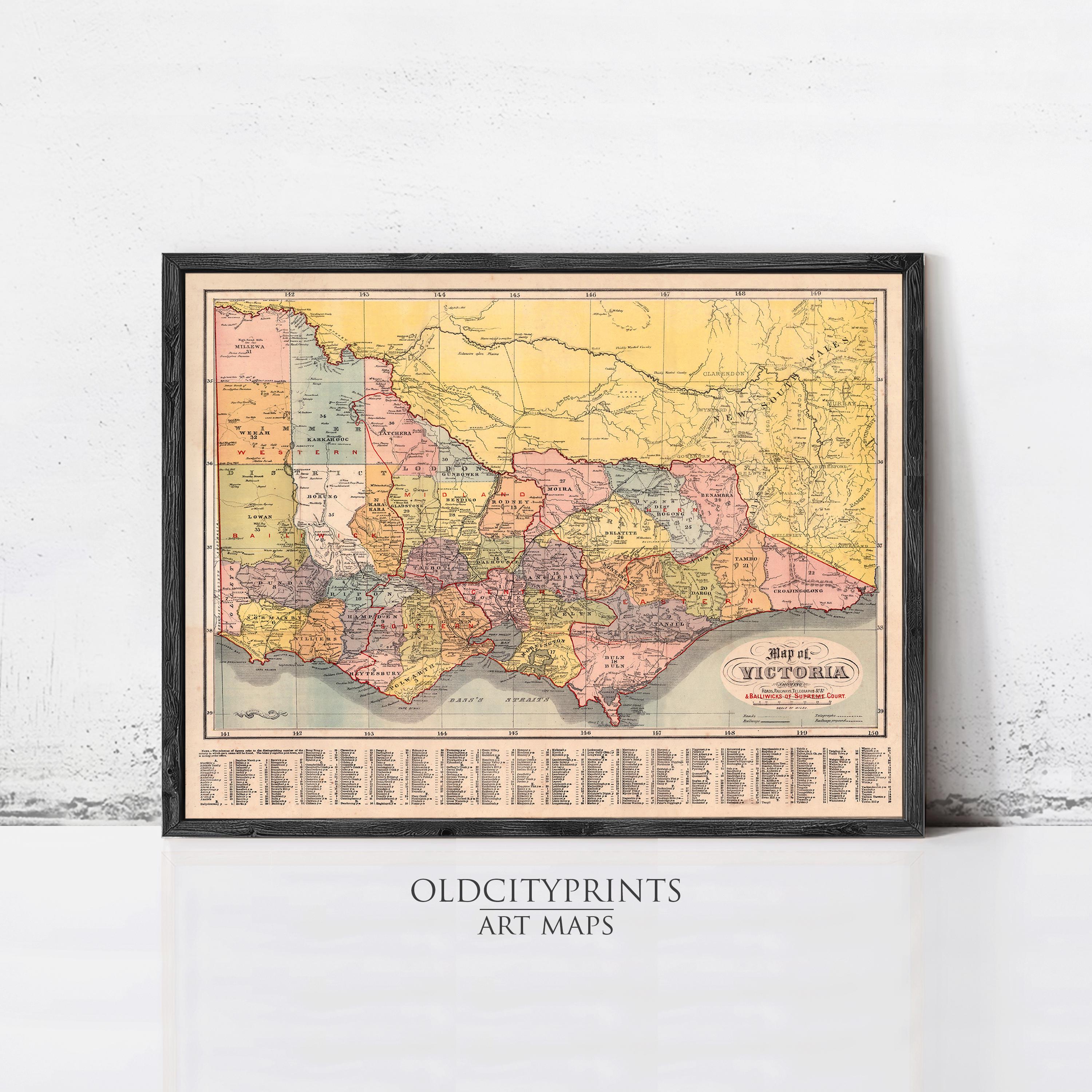 The image is a framed vintage map of Victoria, Australia, depicting the state's geographical layout and boundaries.