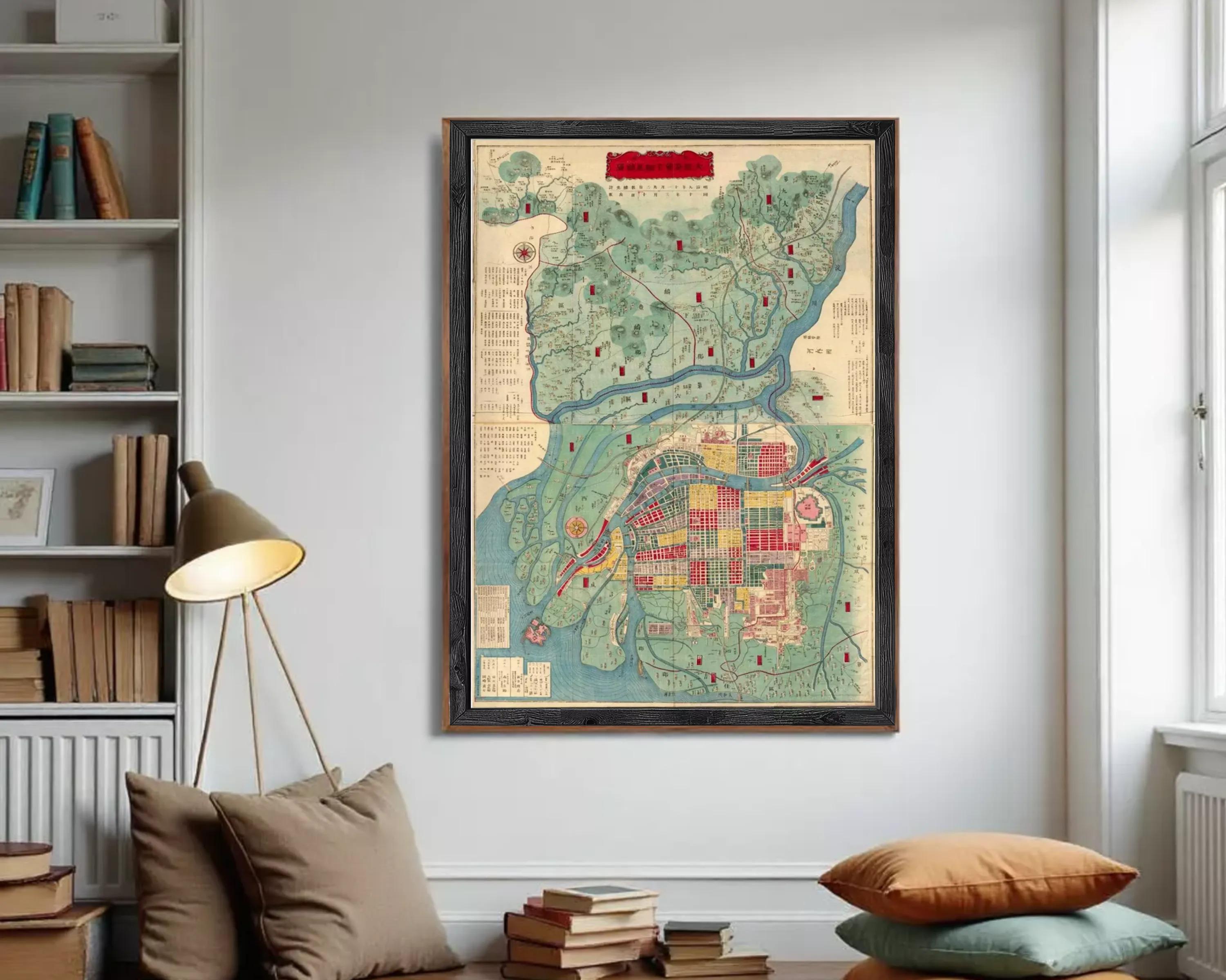 The image is a framed map of a city, likely from the 19th century, with various landmarks and geographical features depicted.