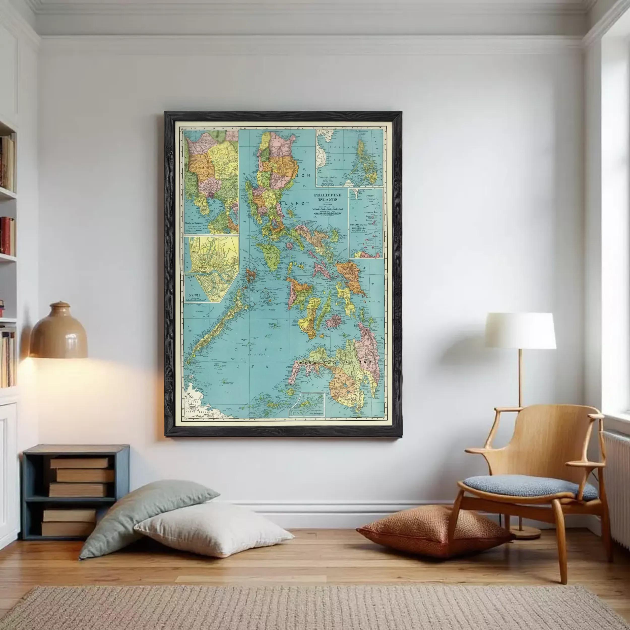 The image is a framed vintage map of the Philippines, showing the country's geographical layout and surrounding areas.