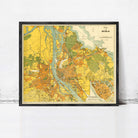 The image is a framed vintage map of Riga, Latvia, depicting the city and surrounding areas in a detailed and colorful manner.