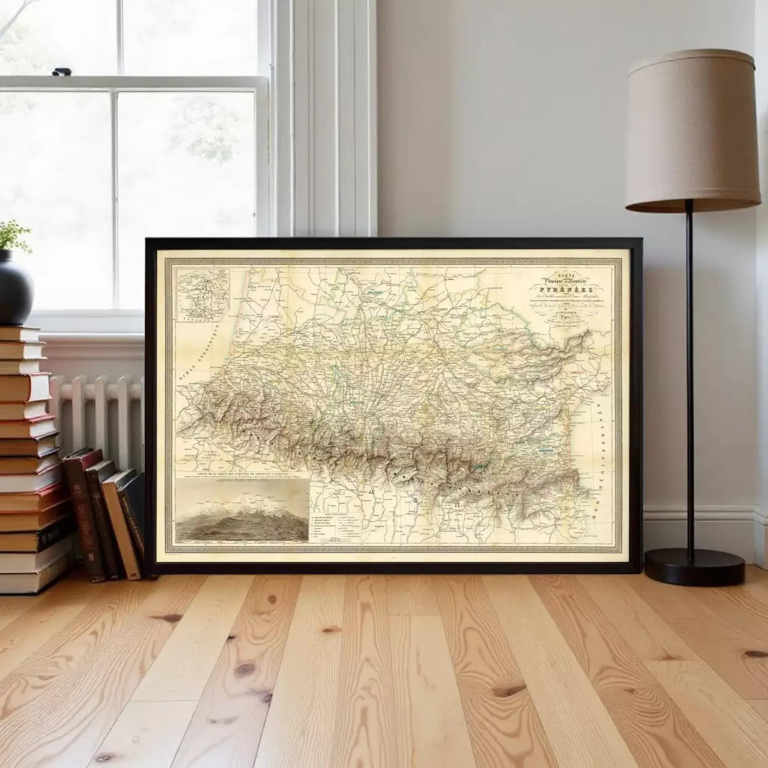 A framed map of the United States, specifically the state of Oklahoma, is displayed on a wooden floor in a room with a window and a lamp.
