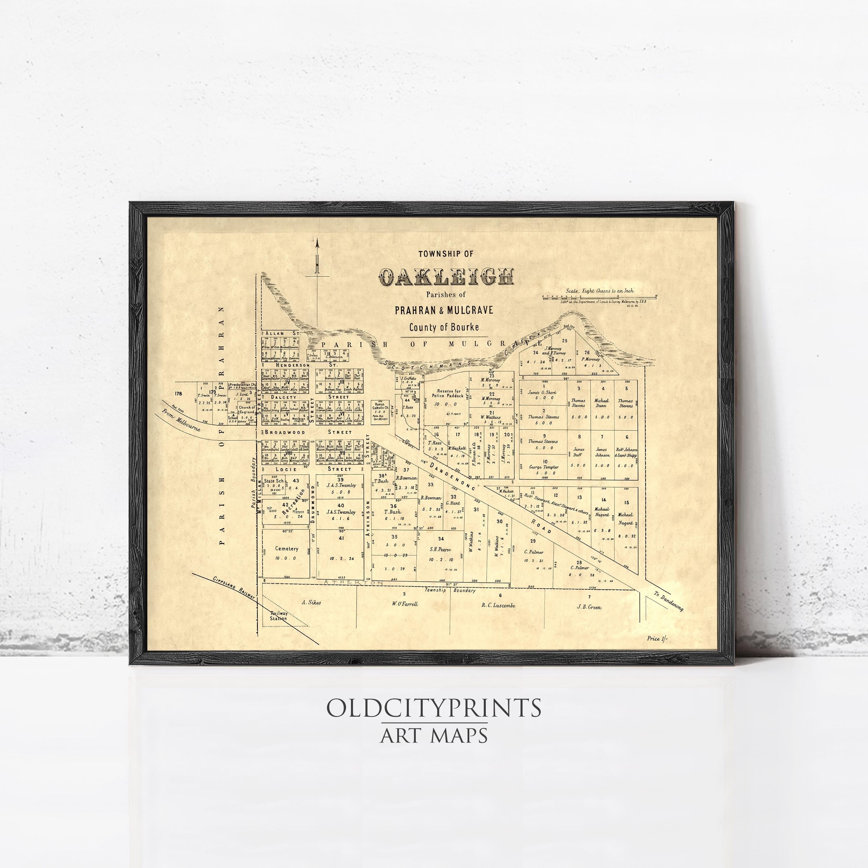 The image is a framed vintage map of Oakleigh, a rural area in the County of Kent.