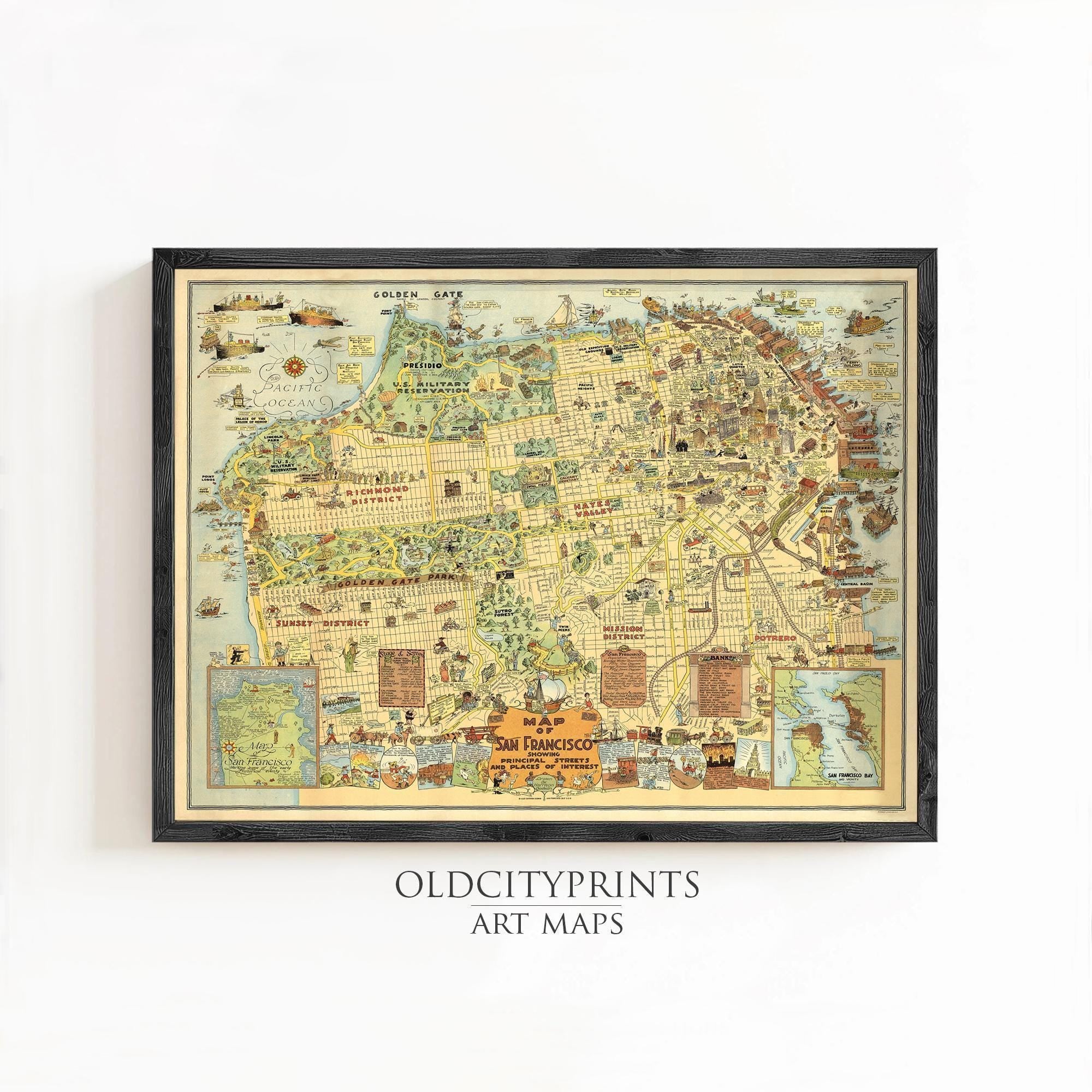 The image is a framed vintage map of San Francisco, California, depicting various landmarks and locations within the city.