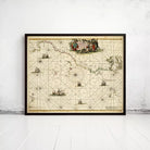The image is a framed vintage map of the Caribbean Sea, featuring various ships and landmarks.