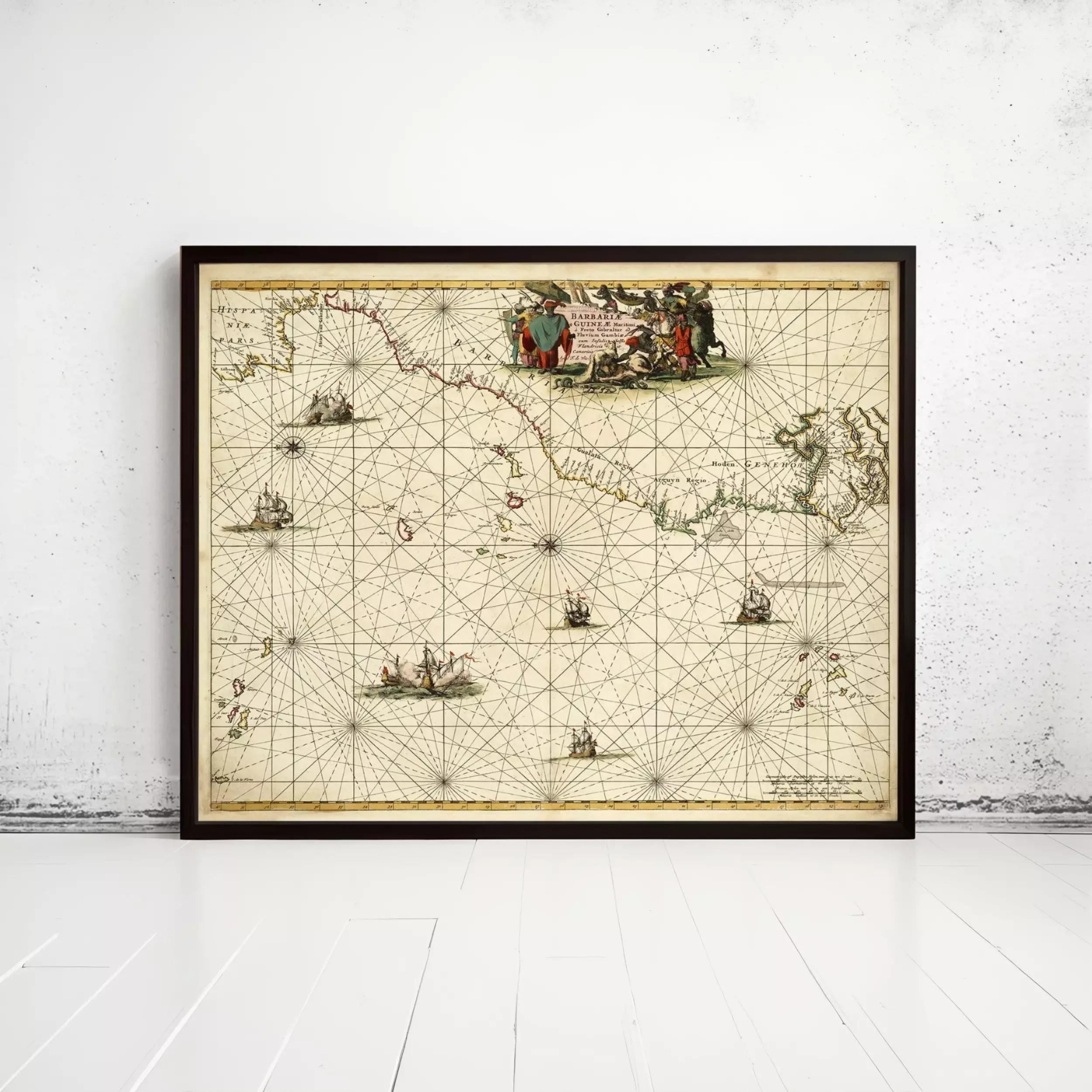 The image is a framed vintage map of the Caribbean Sea, featuring various ships and landmarks.