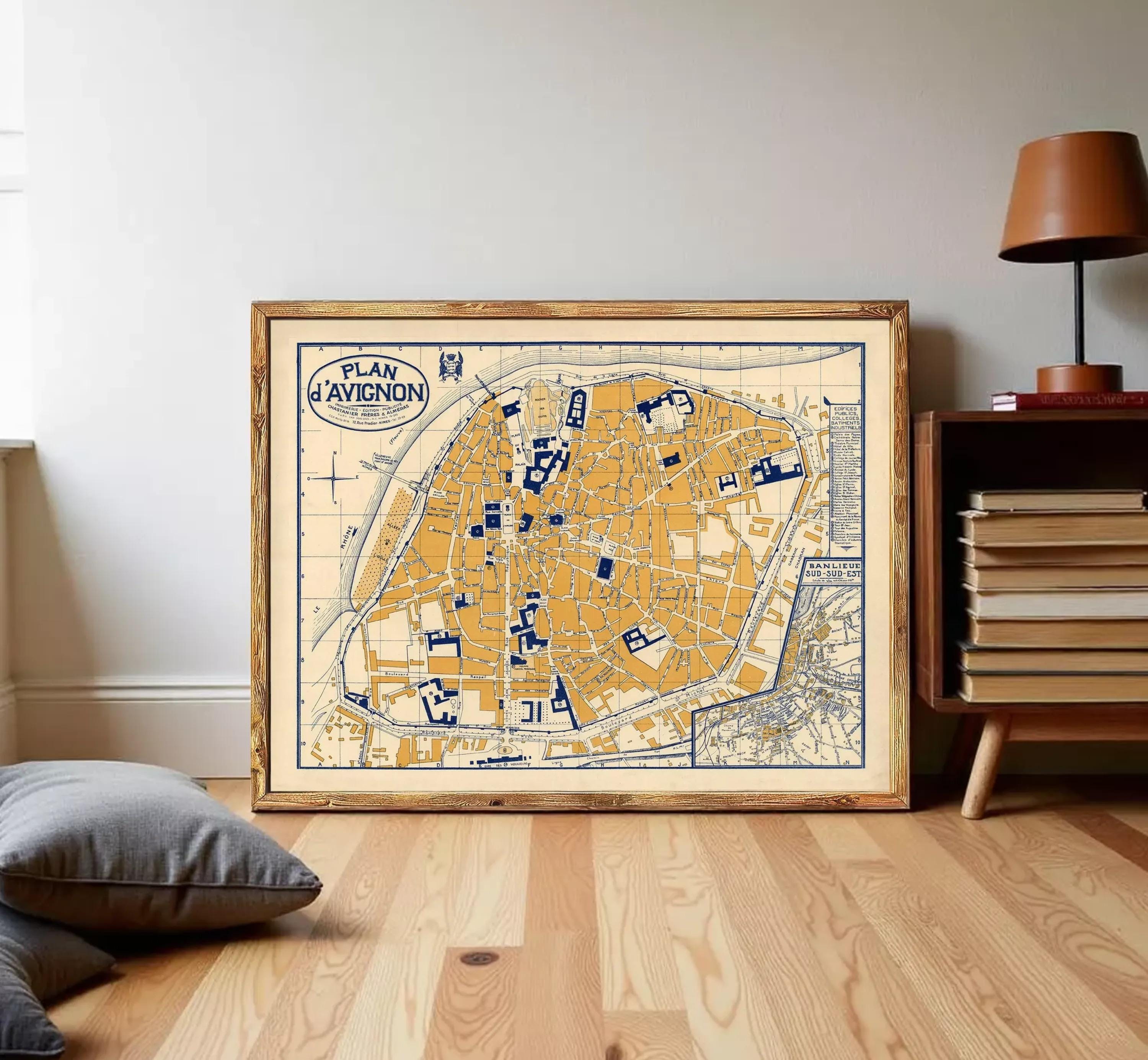 The image is a framed vintage map of the city of Avignon, France, depicting the layout and streets of the city.