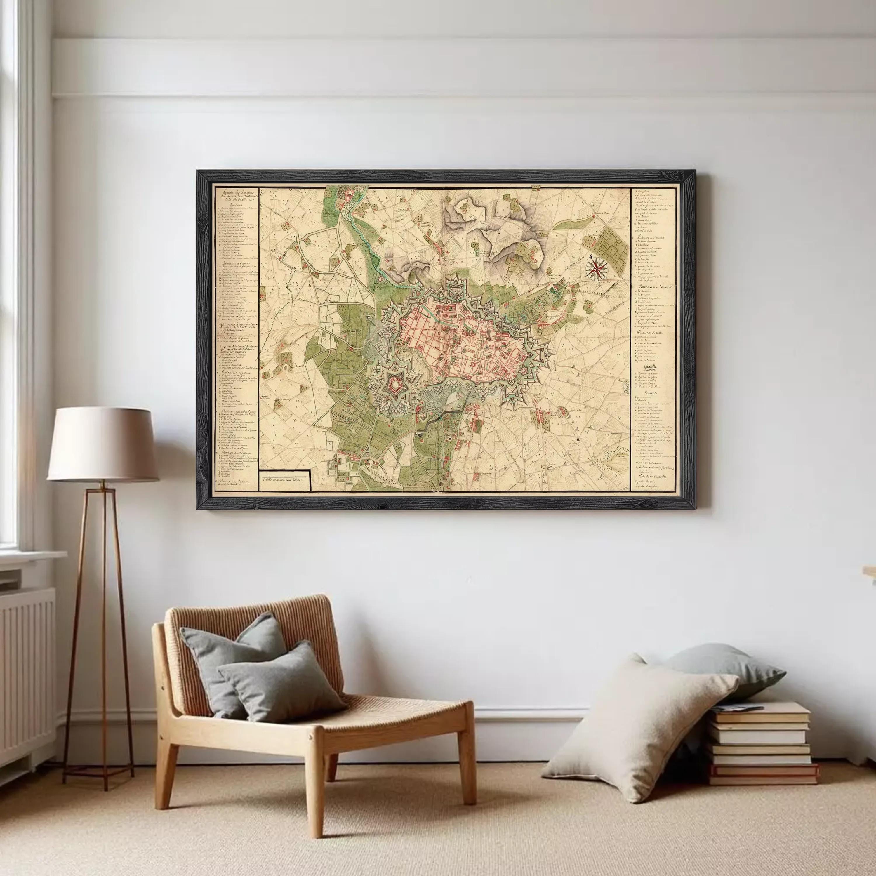 The image is a framed map of a city, likely Paris, with various landmarks and streets depicted.