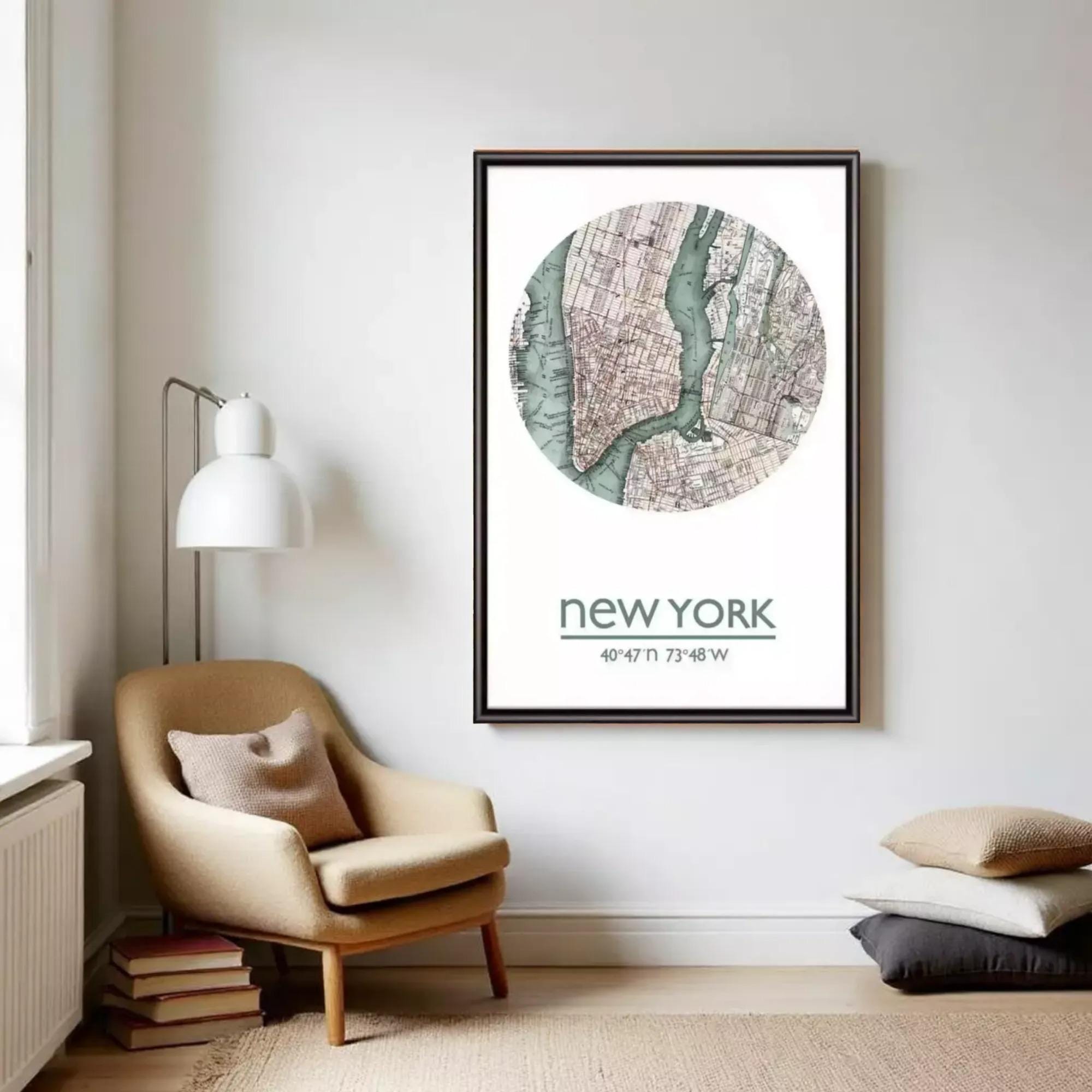 a framed map of New York City hanging on a wall in a living room.