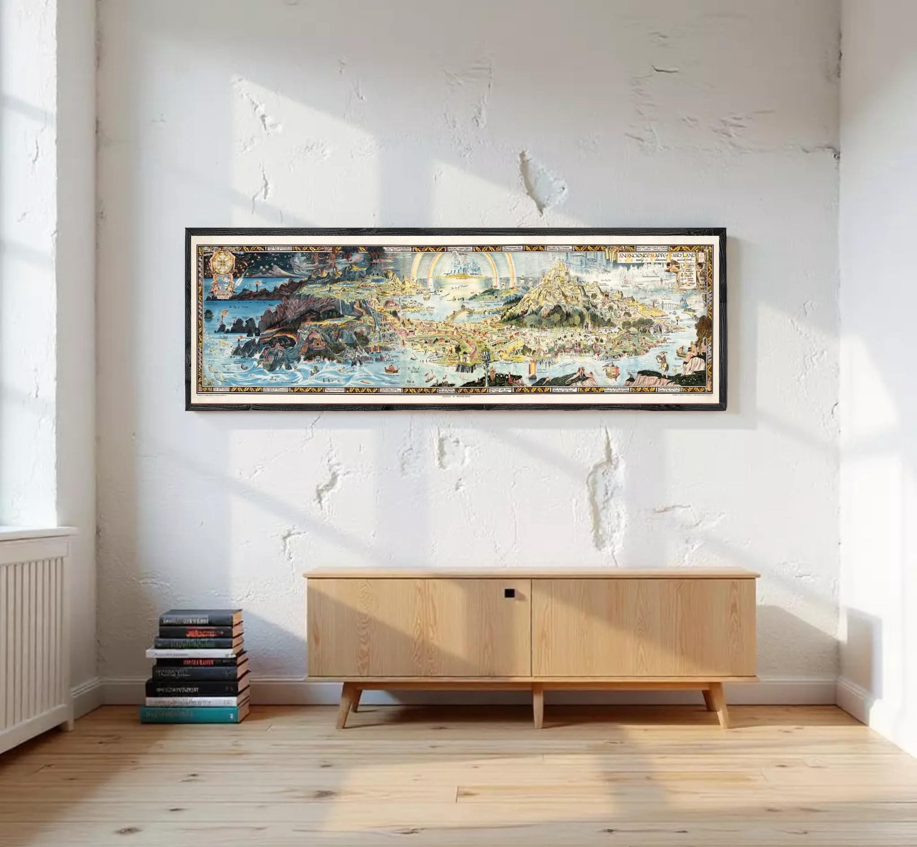 A large, colorful, and detailed map of a coastal region or island, displayed in a frame against a plain white wall.