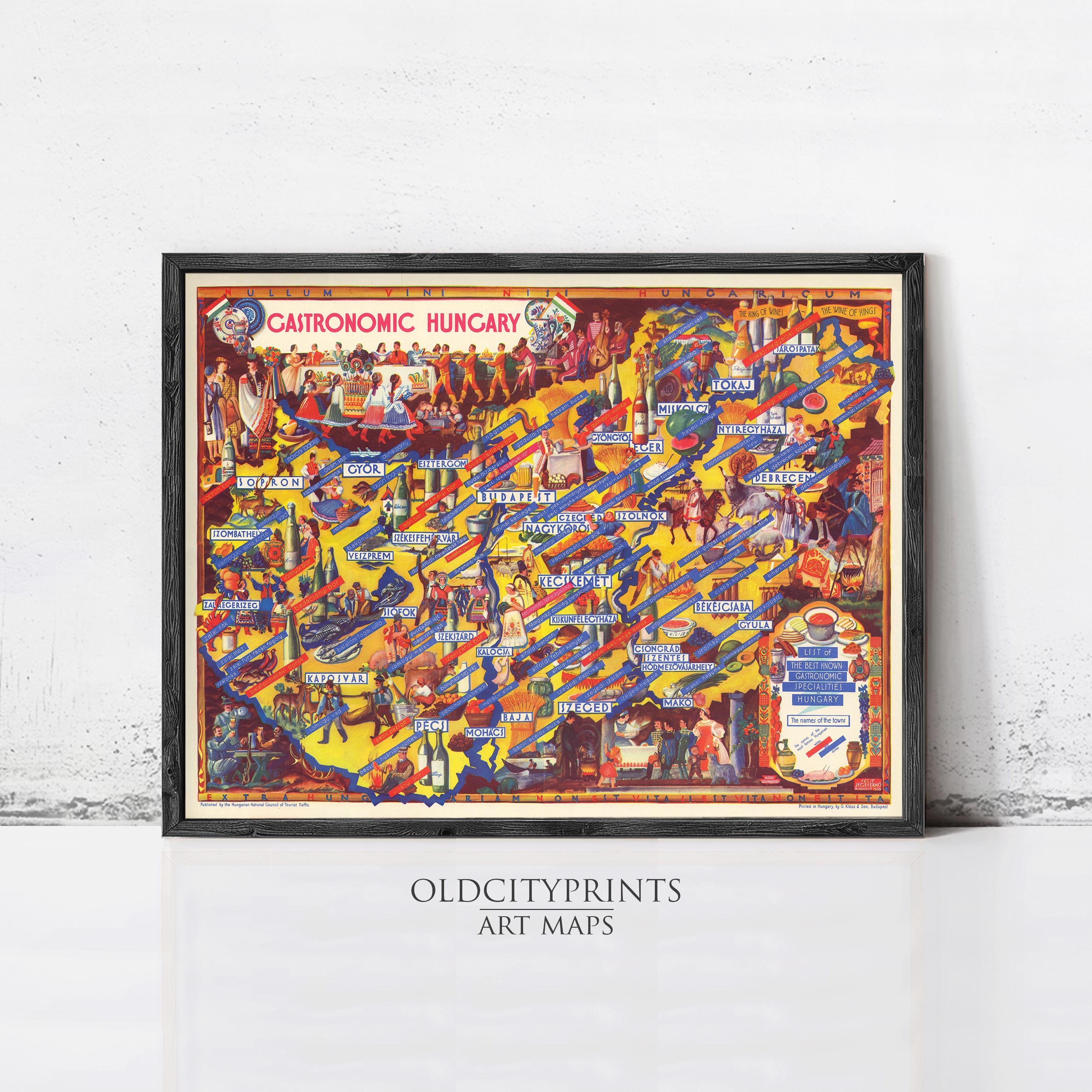 The image is a framed art map of the Galatrom Hungarian region, depicting various landmarks, cities, and cultural elements.