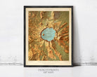 The image is a framed art print depicting a panoramic view of a mountainous region, with a prominent blue lake or body of water in the center.