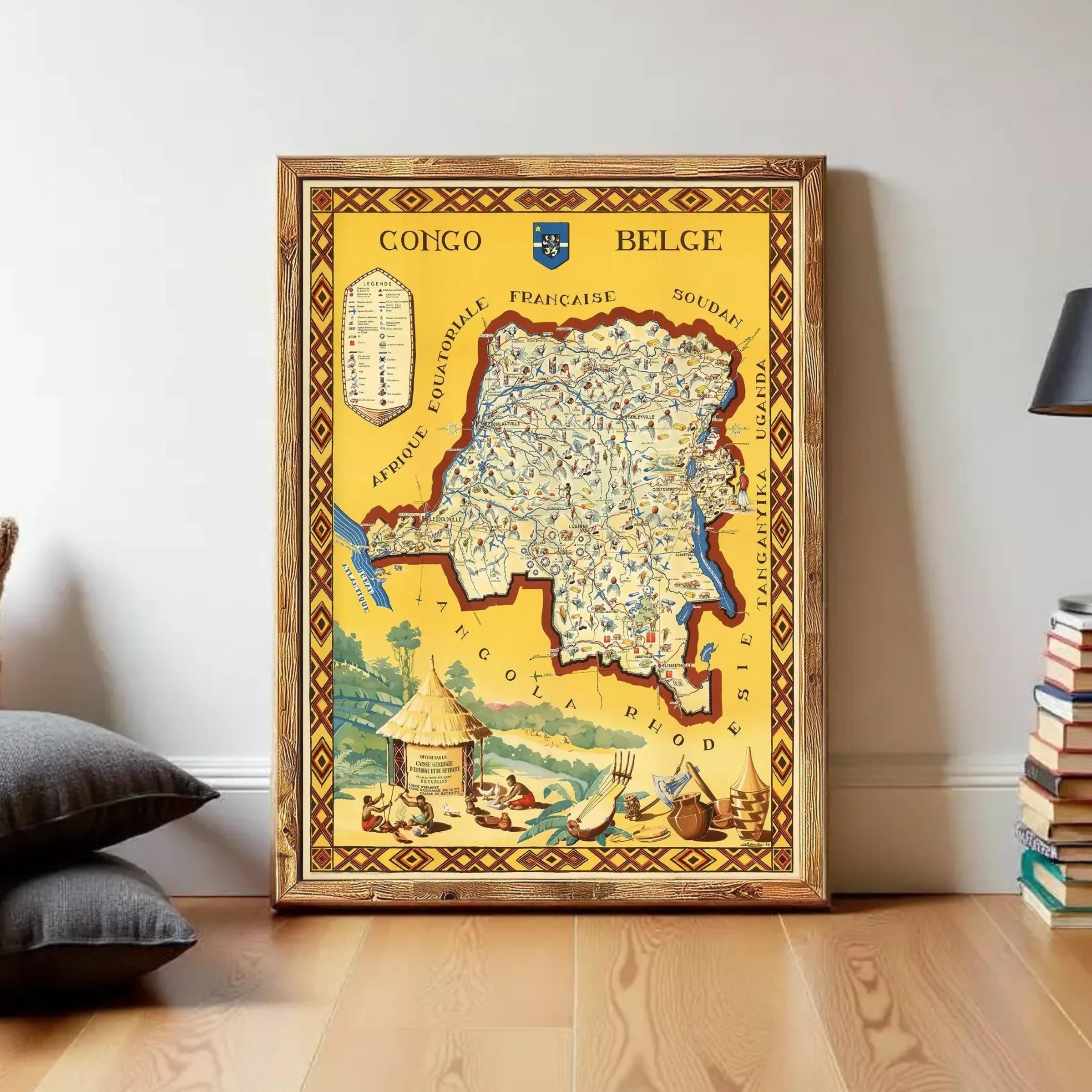 The image is a framed map of the Congo, depicting various regions and landmarks within the country.