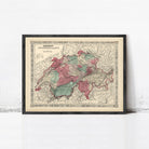 The image is a framed vintage map of Switzerland, depicting the country's geographical layout and boundaries.