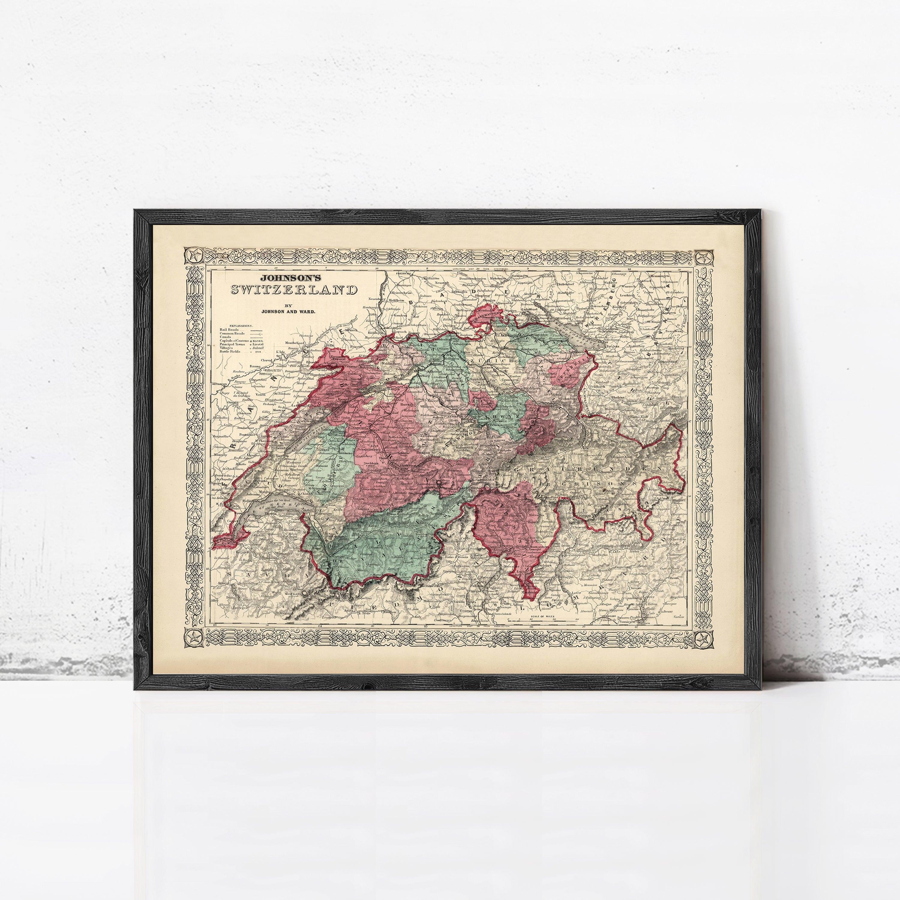 The image is a framed vintage map of Switzerland, depicting the country's geographical layout and boundaries.
