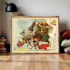 The image is a framed vintage political cartoon depicting a man in military uniform, surrounded by various figures, including a map of Europe.