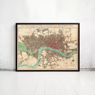The image is a framed map of London and Westminster, England, depicting the city's streets, landmarks, and surrounding areas.