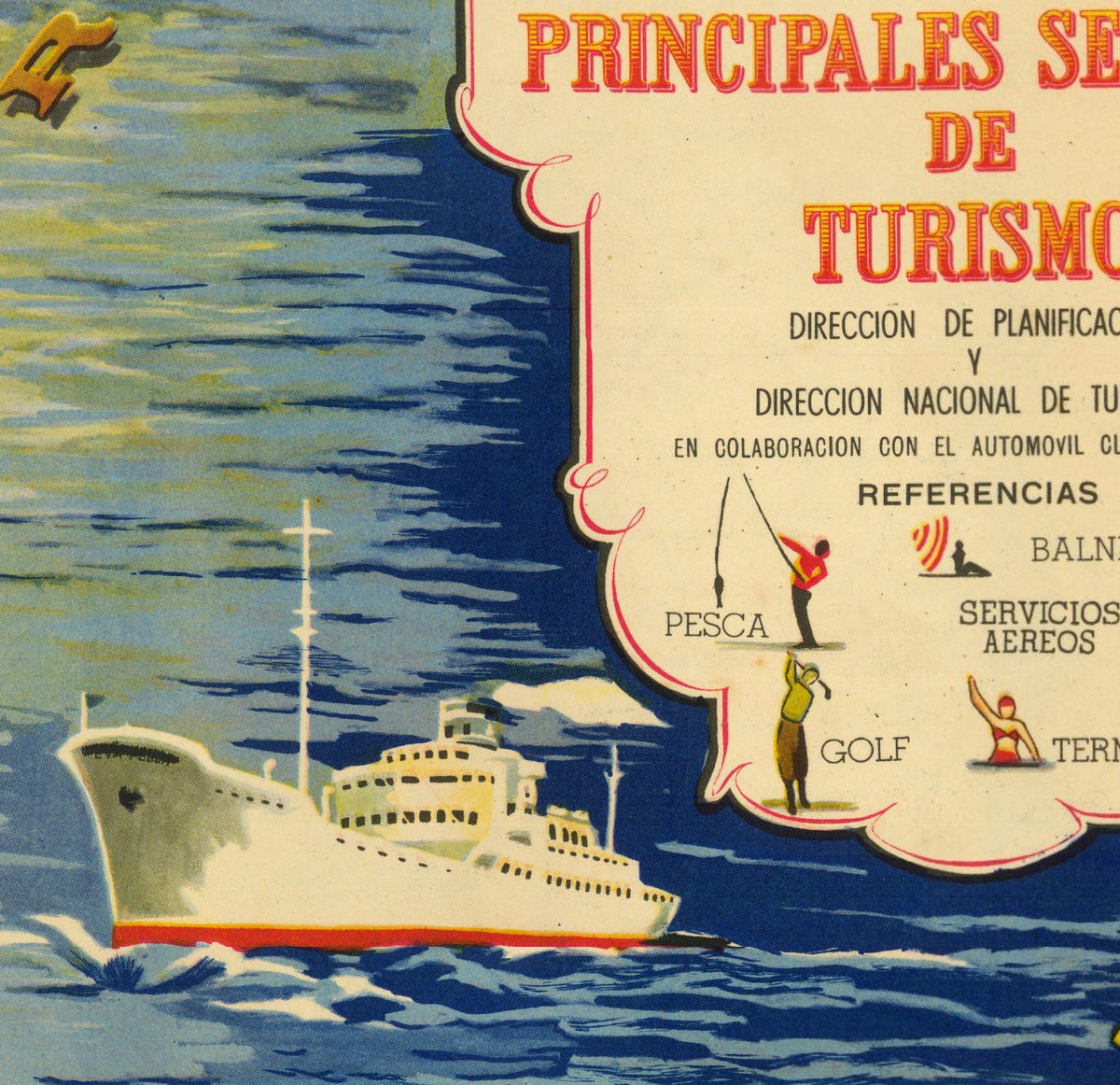 The image is a colorful advertisement featuring a large ship sailing on the ocean, with various people engaged in different activities, such as fishing, golf, and surfing.