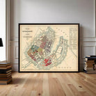 A framed map of Copenhagen, Denmark, with a detailed layout of the city's streets, landmarks, and surrounding areas.