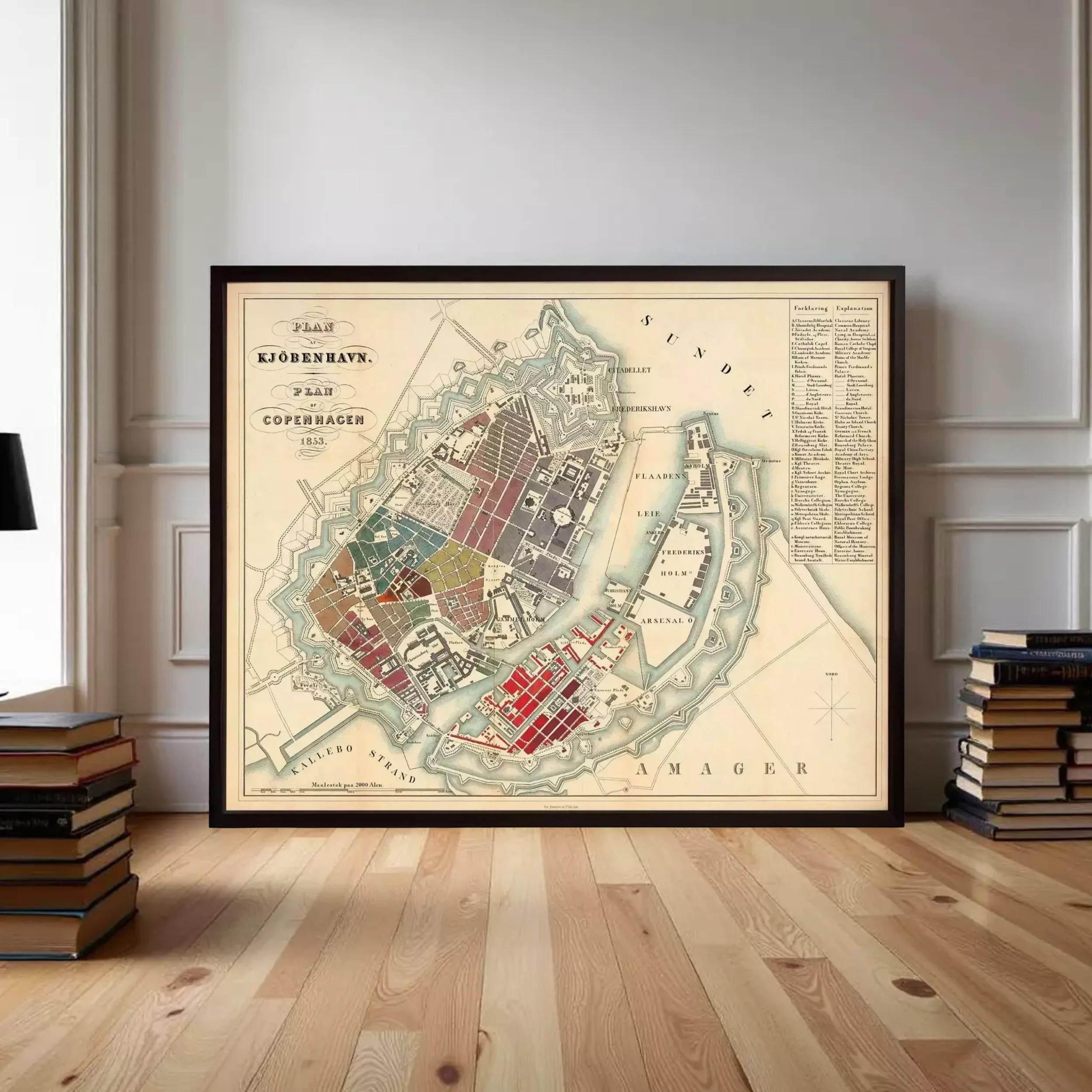 A framed map of Copenhagen, Denmark, with a detailed layout of the city's streets, landmarks, and surrounding areas.