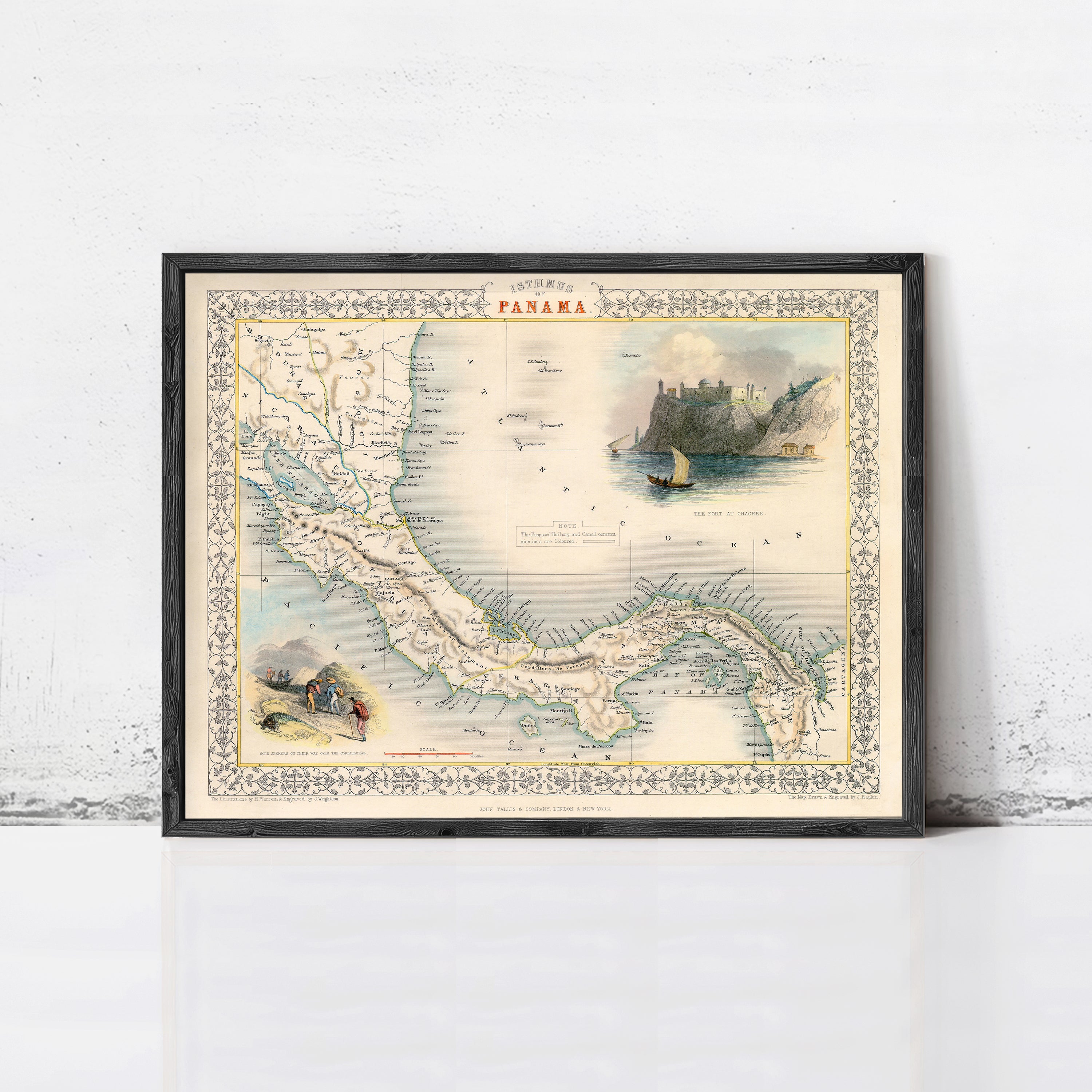 The image is a framed vintage map of Panama, depicting various landmarks and geographical features.