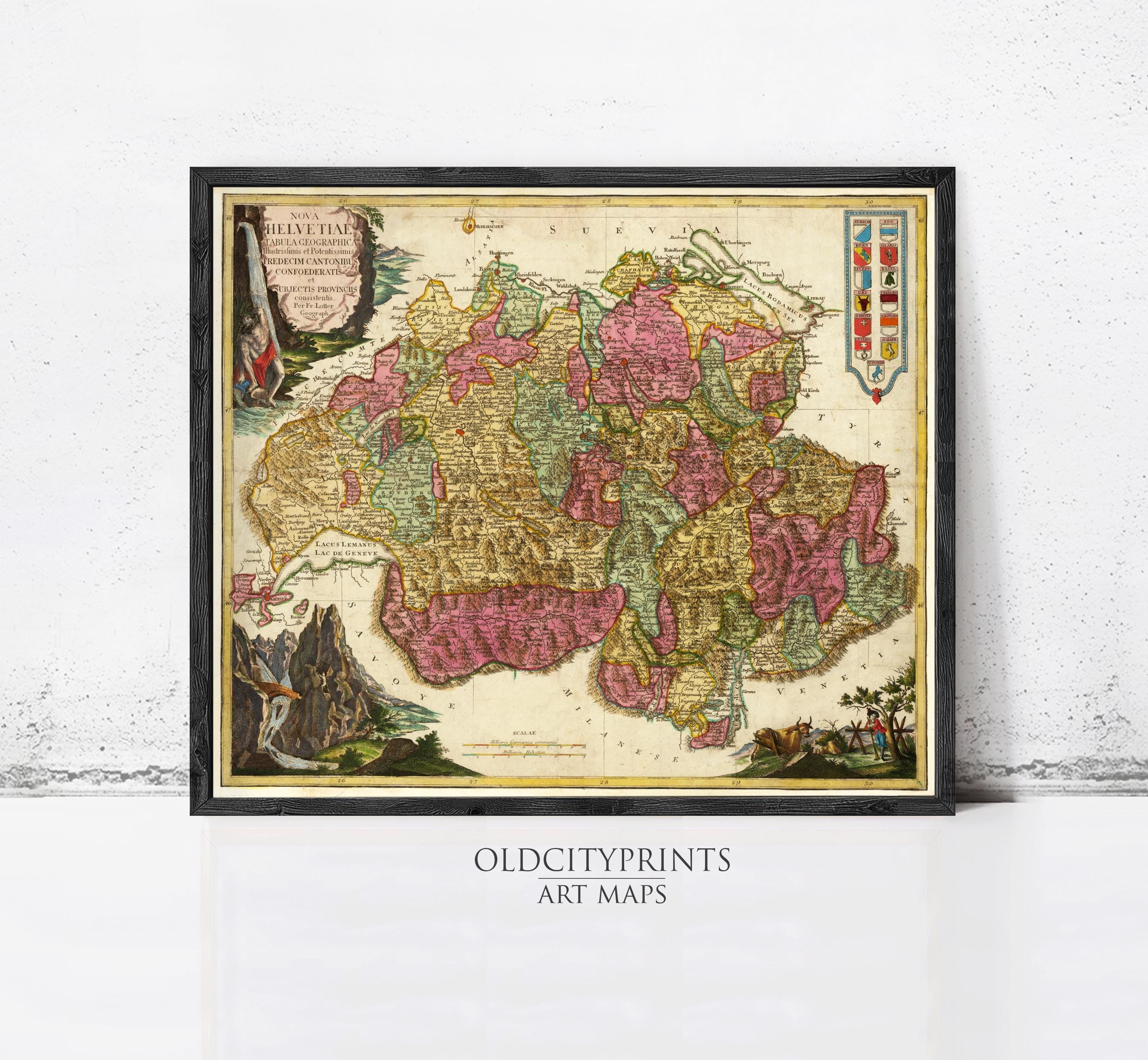 The image is a framed antique map of Europe, featuring detailed illustrations and colorful landmasses.