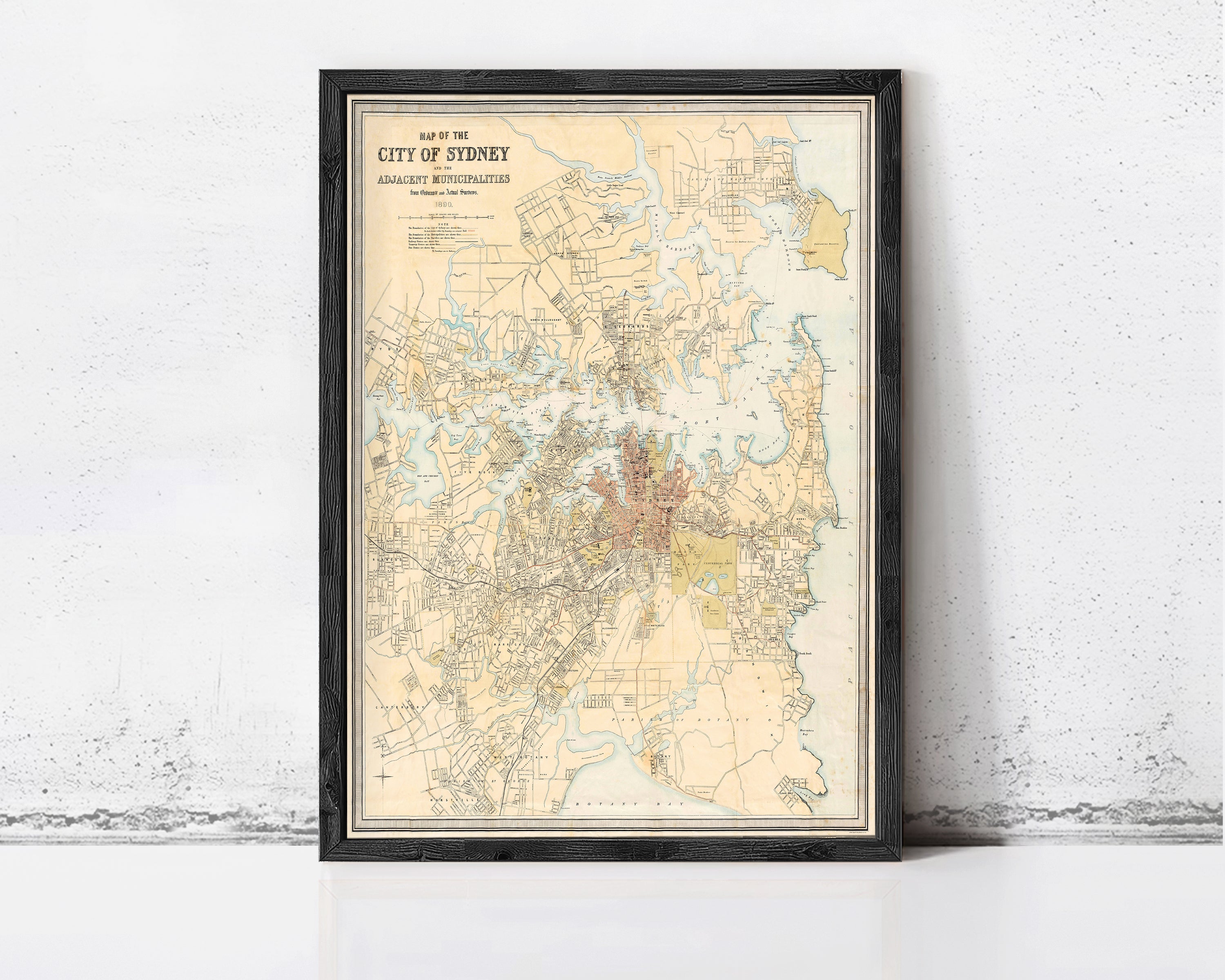 The image is a framed map of the City of Sydney, Australia, depicting the city's streets, landmarks, and surrounding areas.