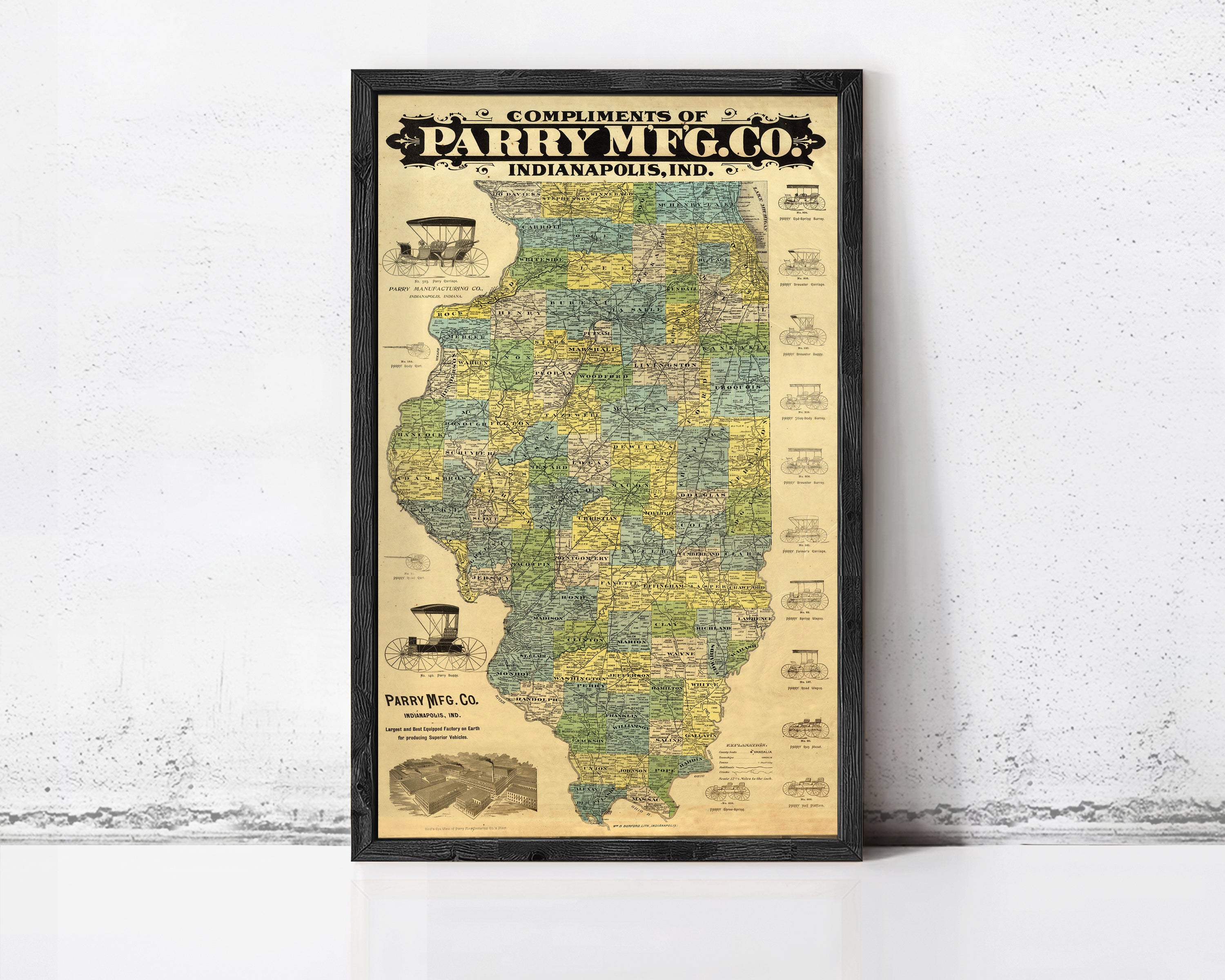 A framed map of Illinois, Indiana, and parts of Michigan, with various labels and illustrations.