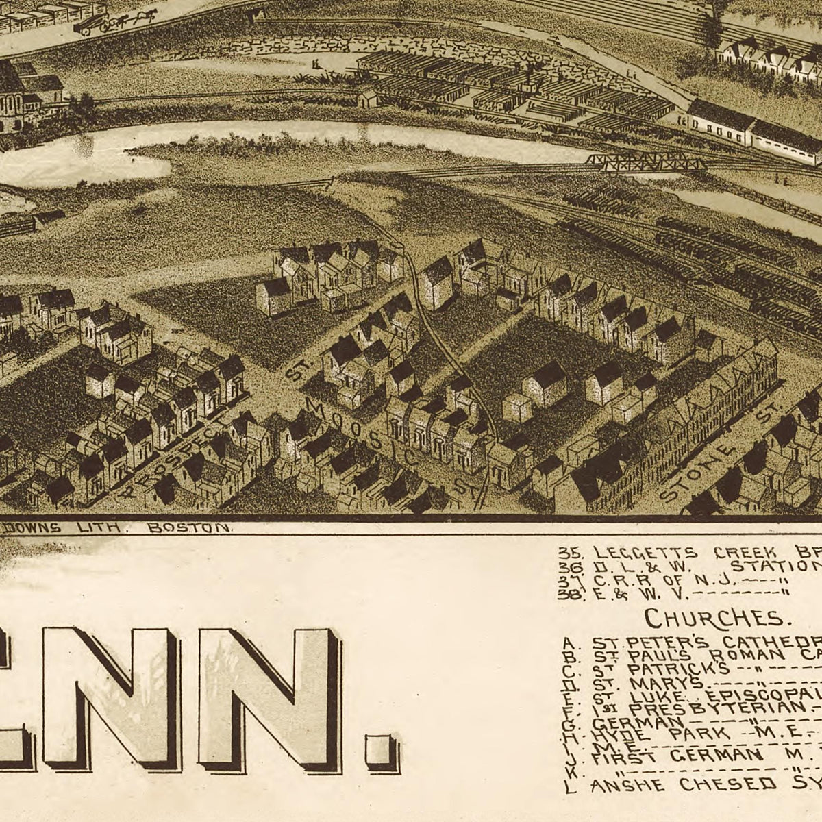 The image is a detailed old-fashioned map of a city, showing streets, buildings, and other urban features.