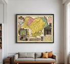 The image is a framed vintage map of the Nubia region, which includes illustrations of the Roman Colosseum, a temple, and other landmarks.