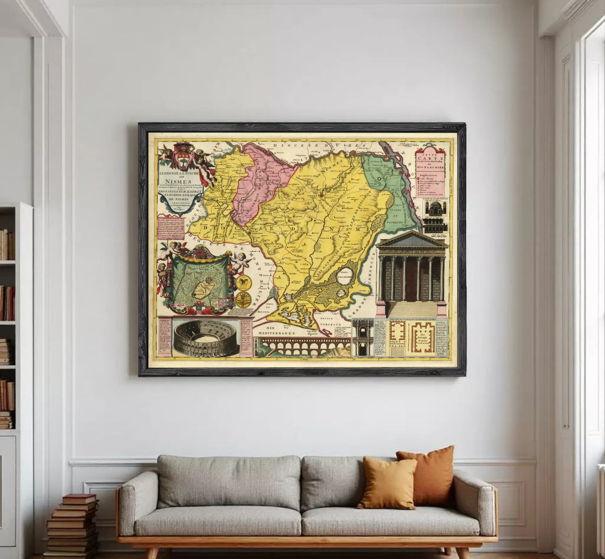 The image is a framed vintage map of the Nubia region, which includes illustrations of the Roman Colosseum, a temple, and other landmarks.