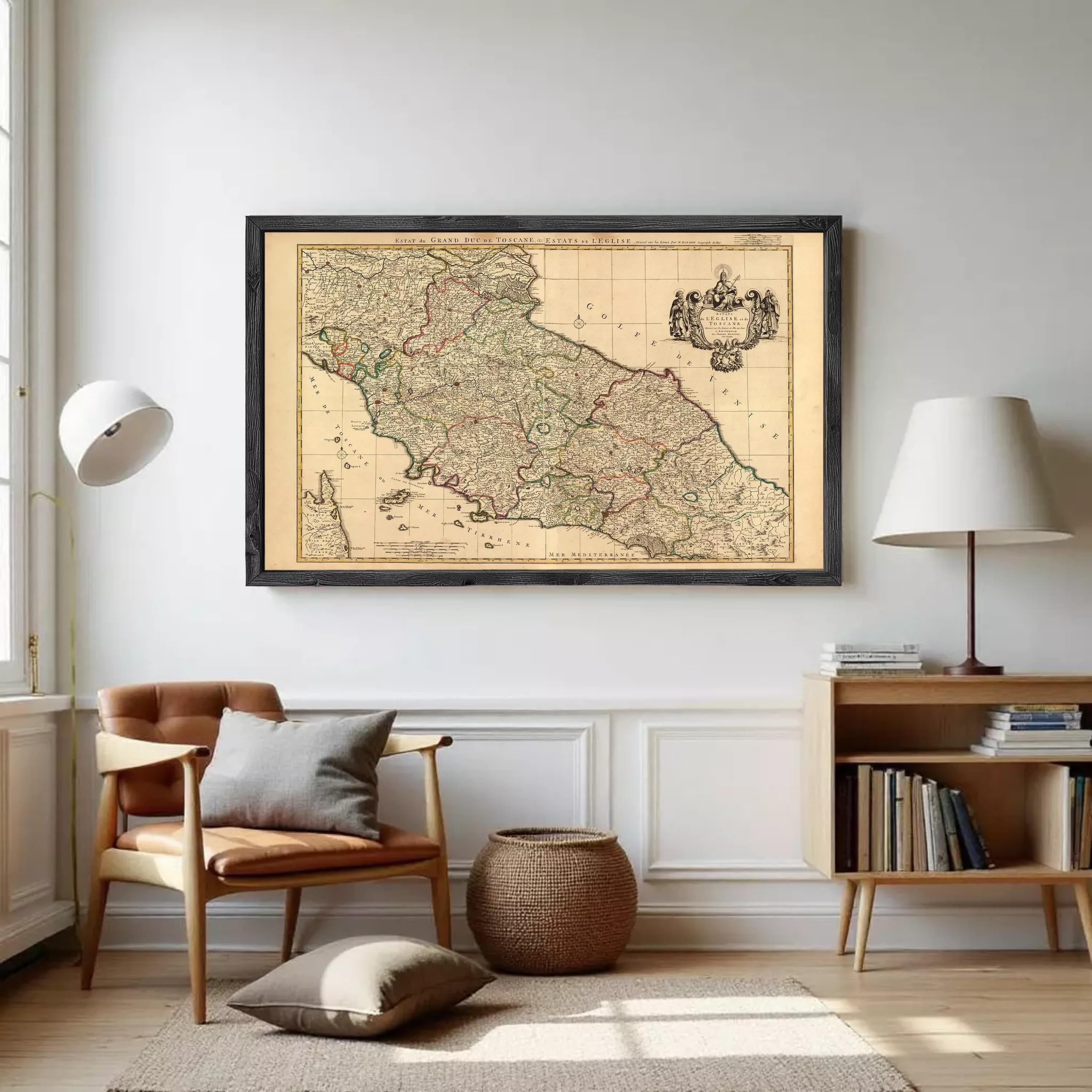 The image is a framed antique map of Italy, depicting the country's geographical layout and boundaries.