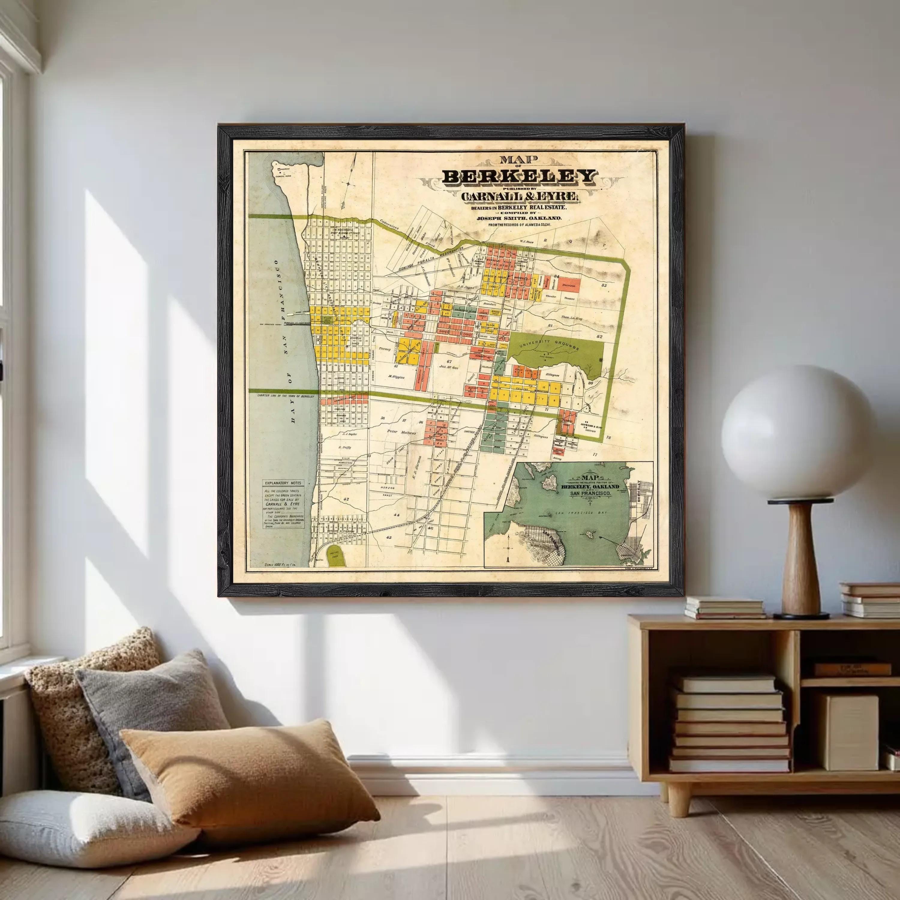 The image is a framed map of the city of Berkeley, California, showing the layout of the city and surrounding areas.