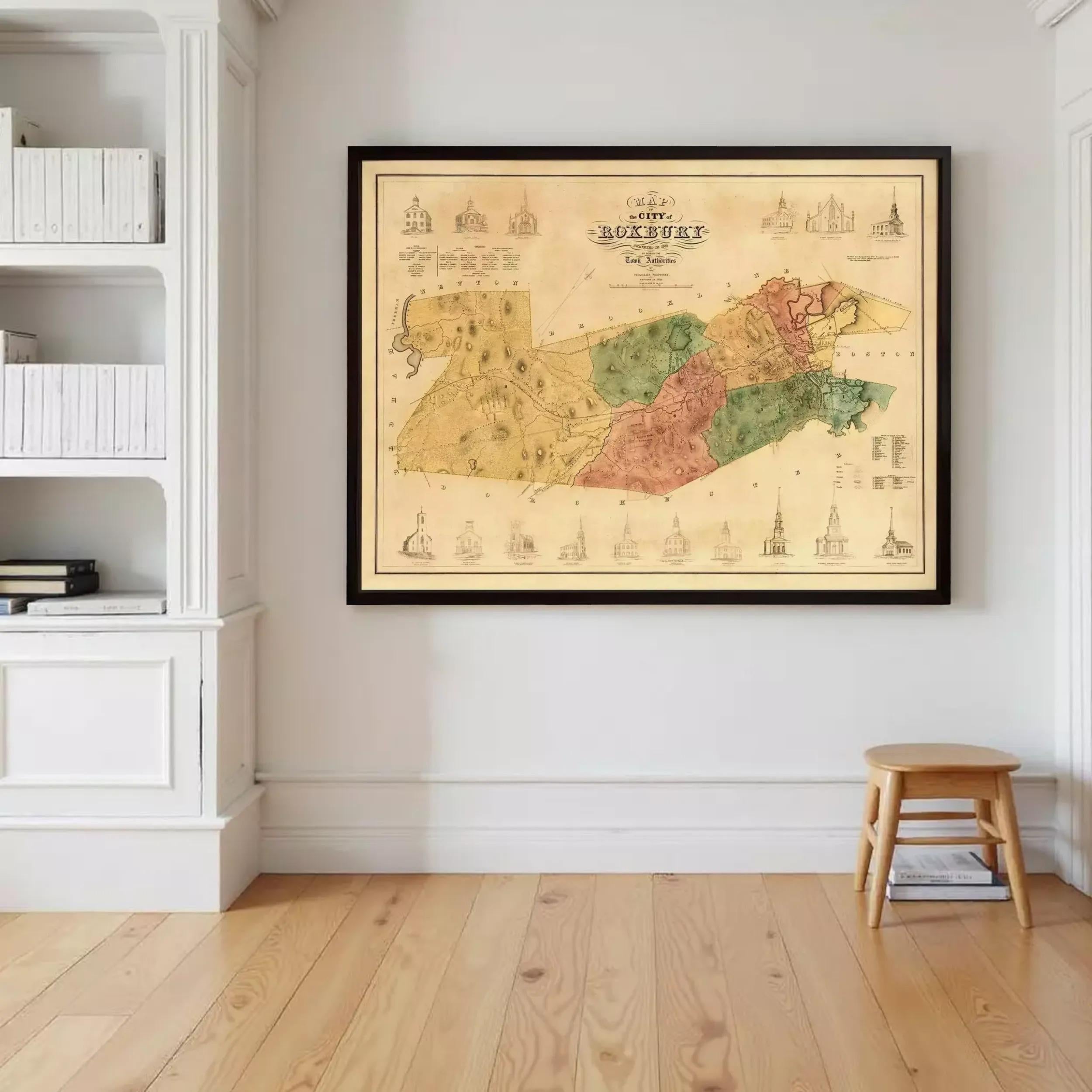 a large framed map of the city of Baltimore, with various landmarks and streets labeled.