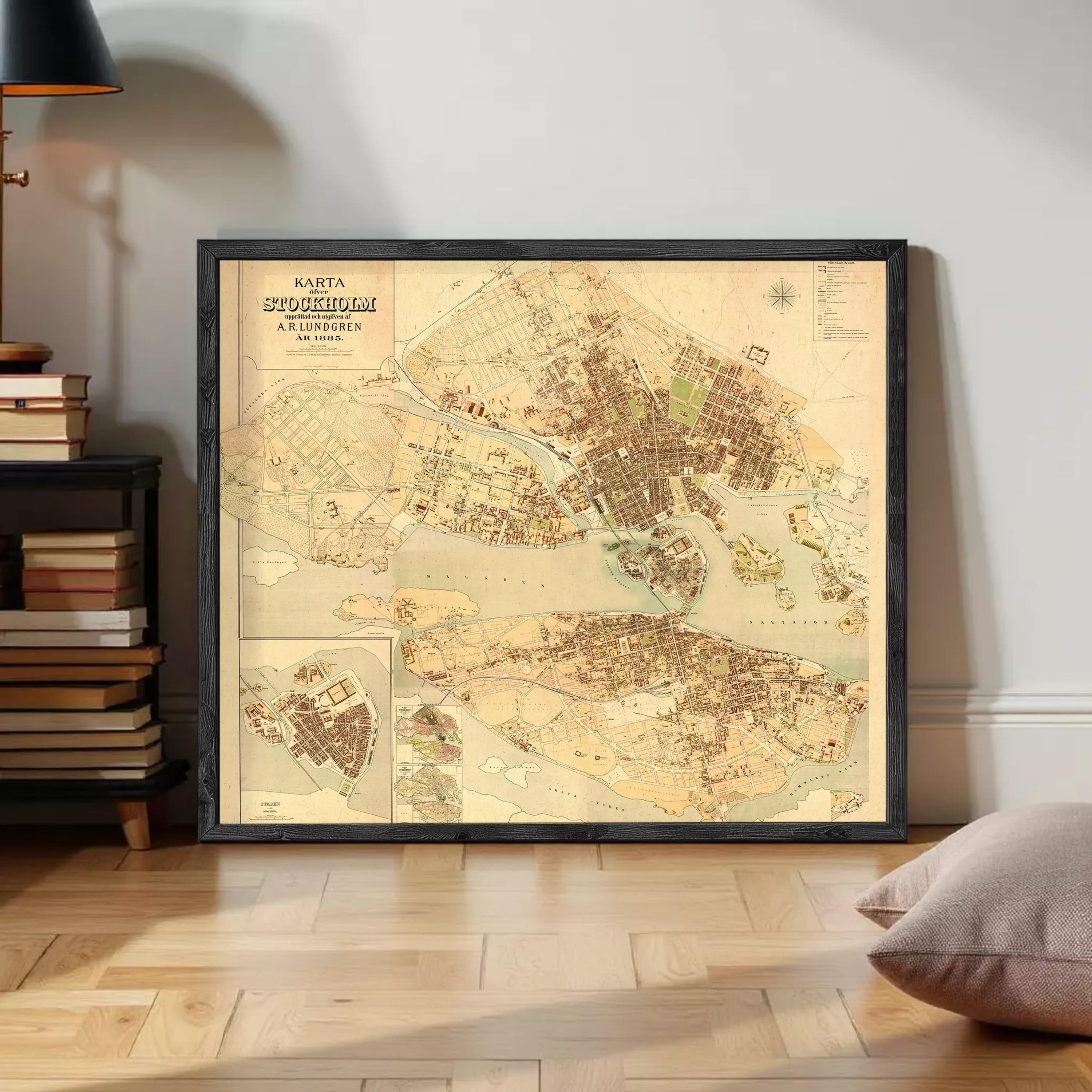The image is a framed vintage map of Stockholm, Sweden, depicting the city's layout and surrounding areas.
