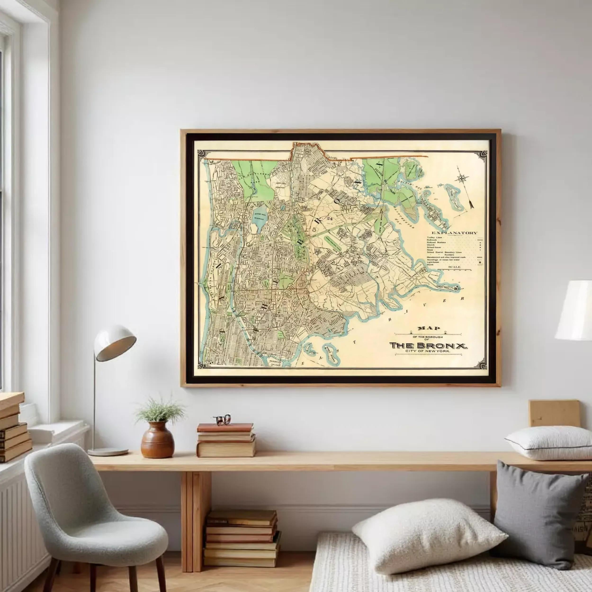 The image is a framed vintage map of the Bronx, New York, depicting the city's layout and surrounding areas.