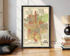 The image is a framed map of San Antonio, Texas, depicting the city's layout and surrounding areas.