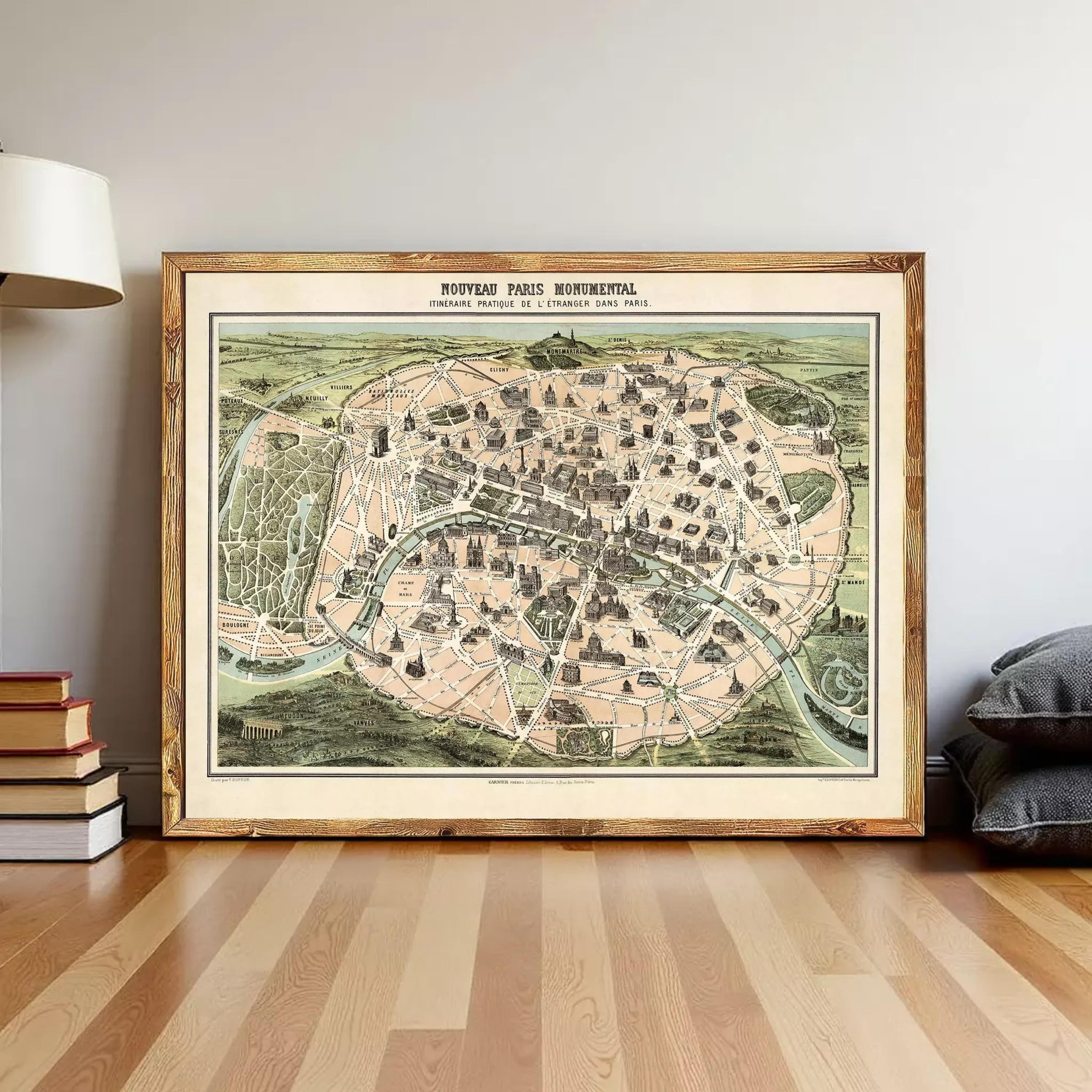 a large framed map of Paris, France, with a wooden frame and a vintage style.