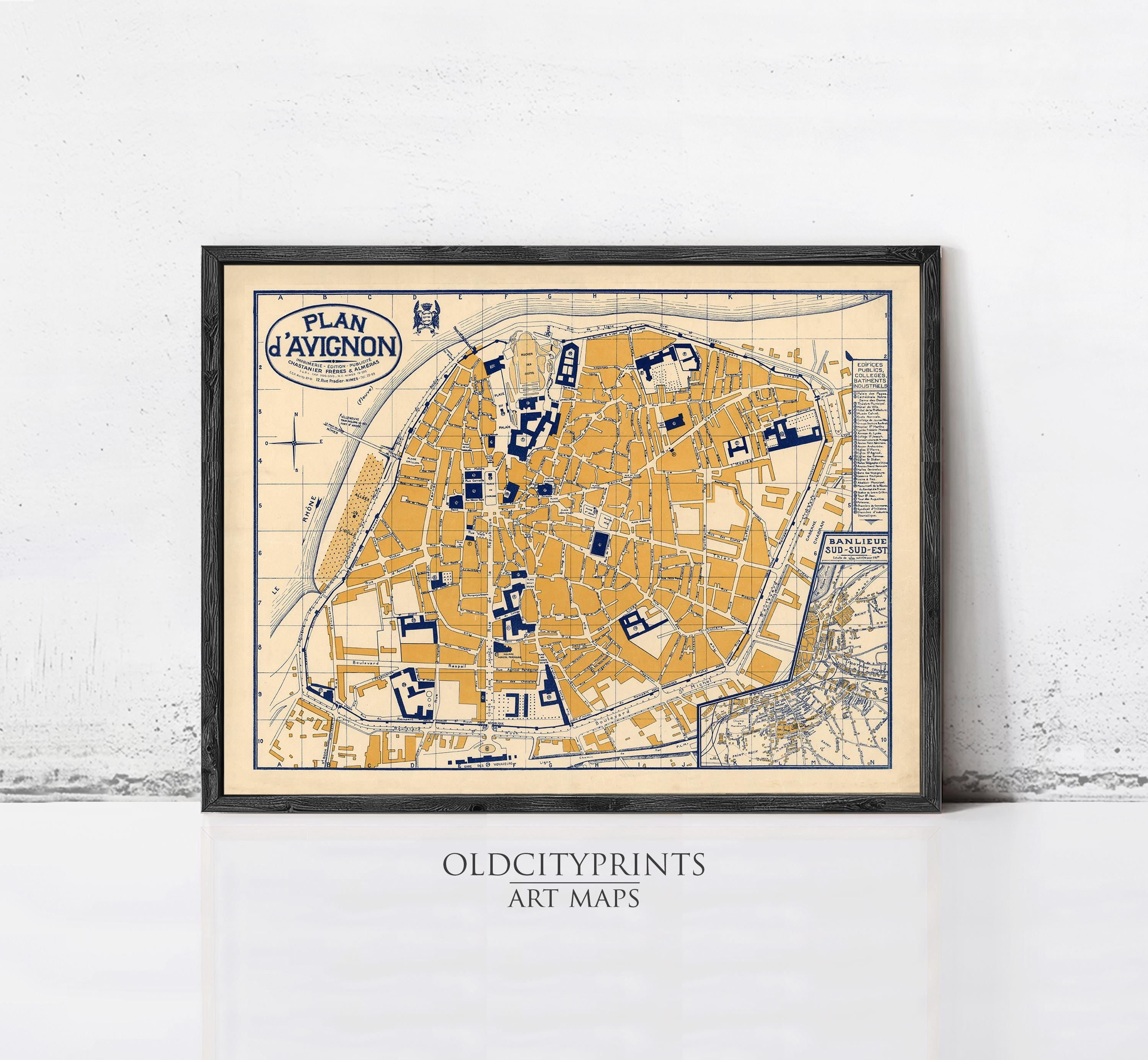 The image is a framed vintage map of Paris, France, depicting the city's layout and landmarks.