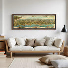 A framed vintage map of a mountainous region, featuring a detailed landscape with various geographical features and a body of water.
