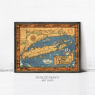 The image is a framed vintage map of the Long Island region, depicting various landmarks and geographical features.